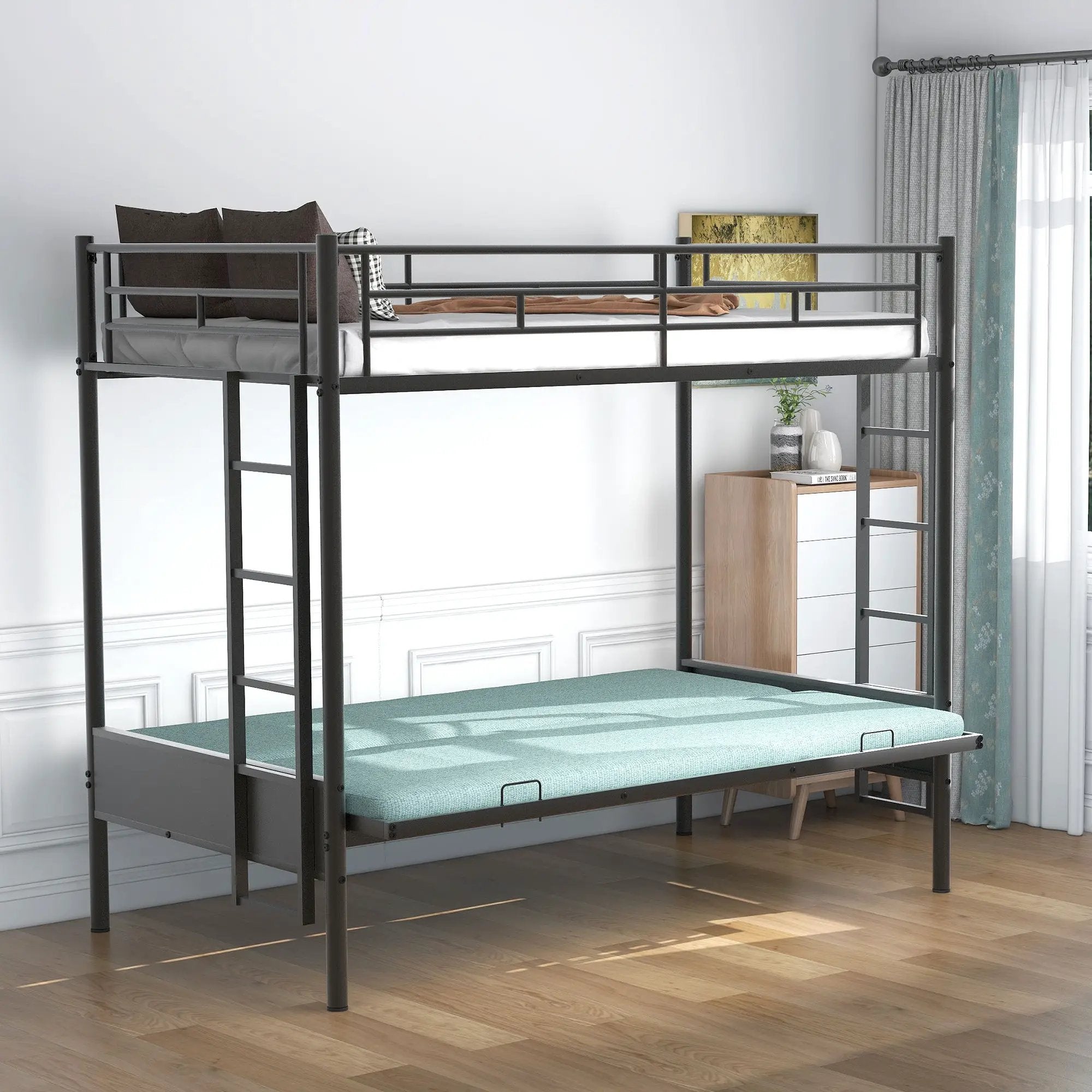 Twin Over Full Bunk Bed, Multifunction - Black by Unique Piece Furniture