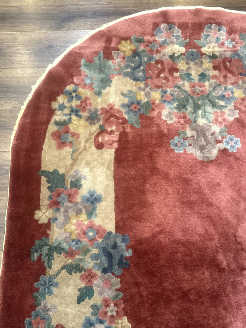 Oval Chinese Peking Rug 5x8, Pink, Floral, Vintage Chinese Wool Carpet by Jewel Rugs