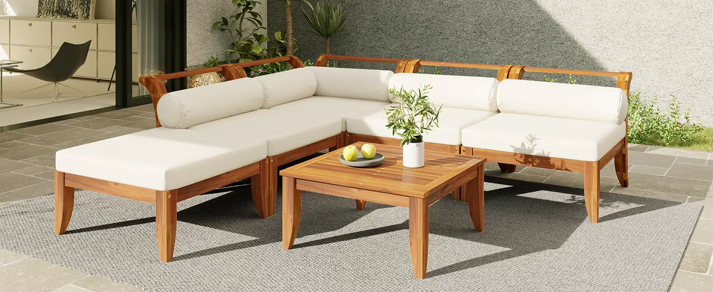 6 Piece Acacia Wood Outdoor Modular Sectional with Daybed and Tea Table by HouseOfZazla