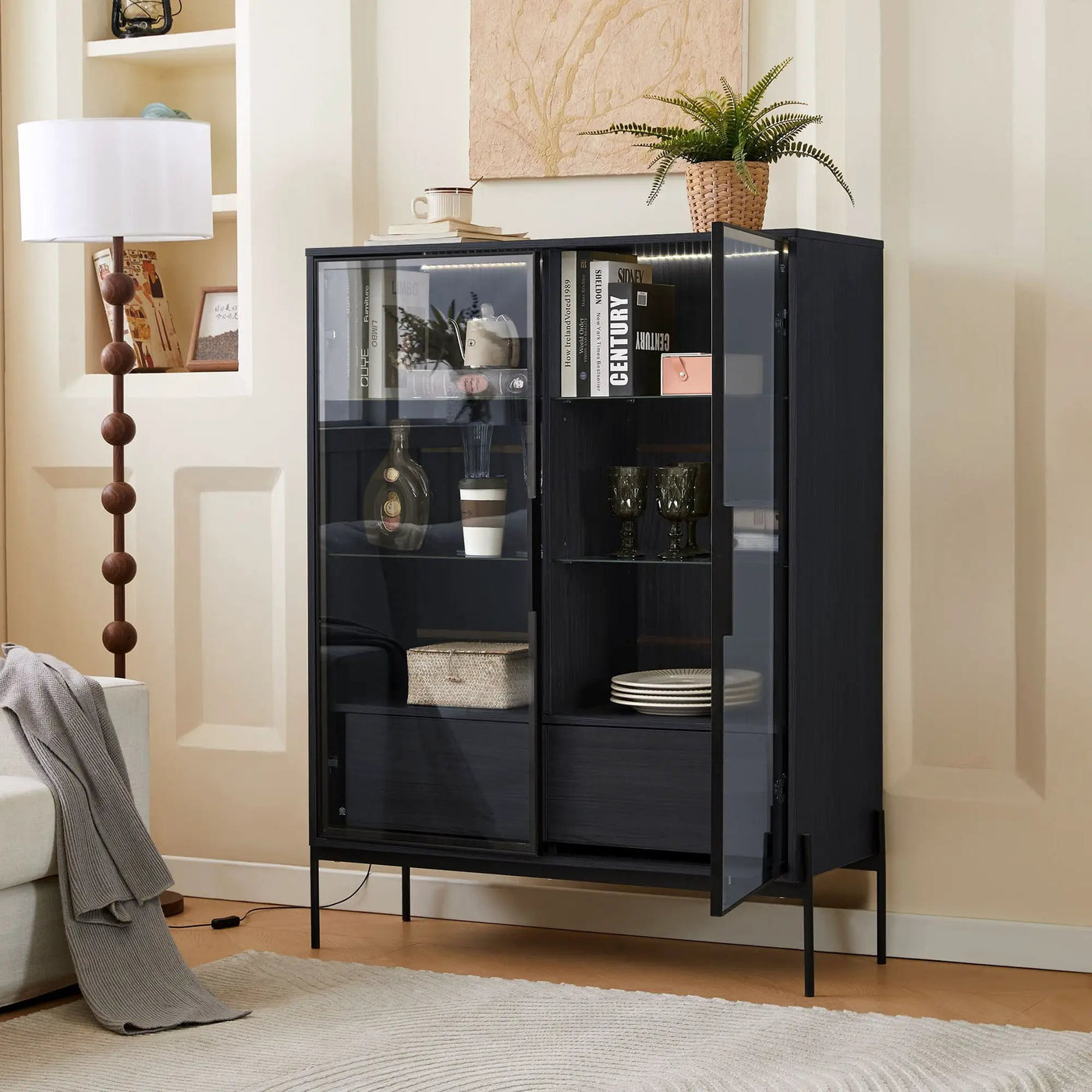 Modern Minimalist Style LED Curio Cabinet With Tempered Glass Door, Metal Legs by HouseOfZazla