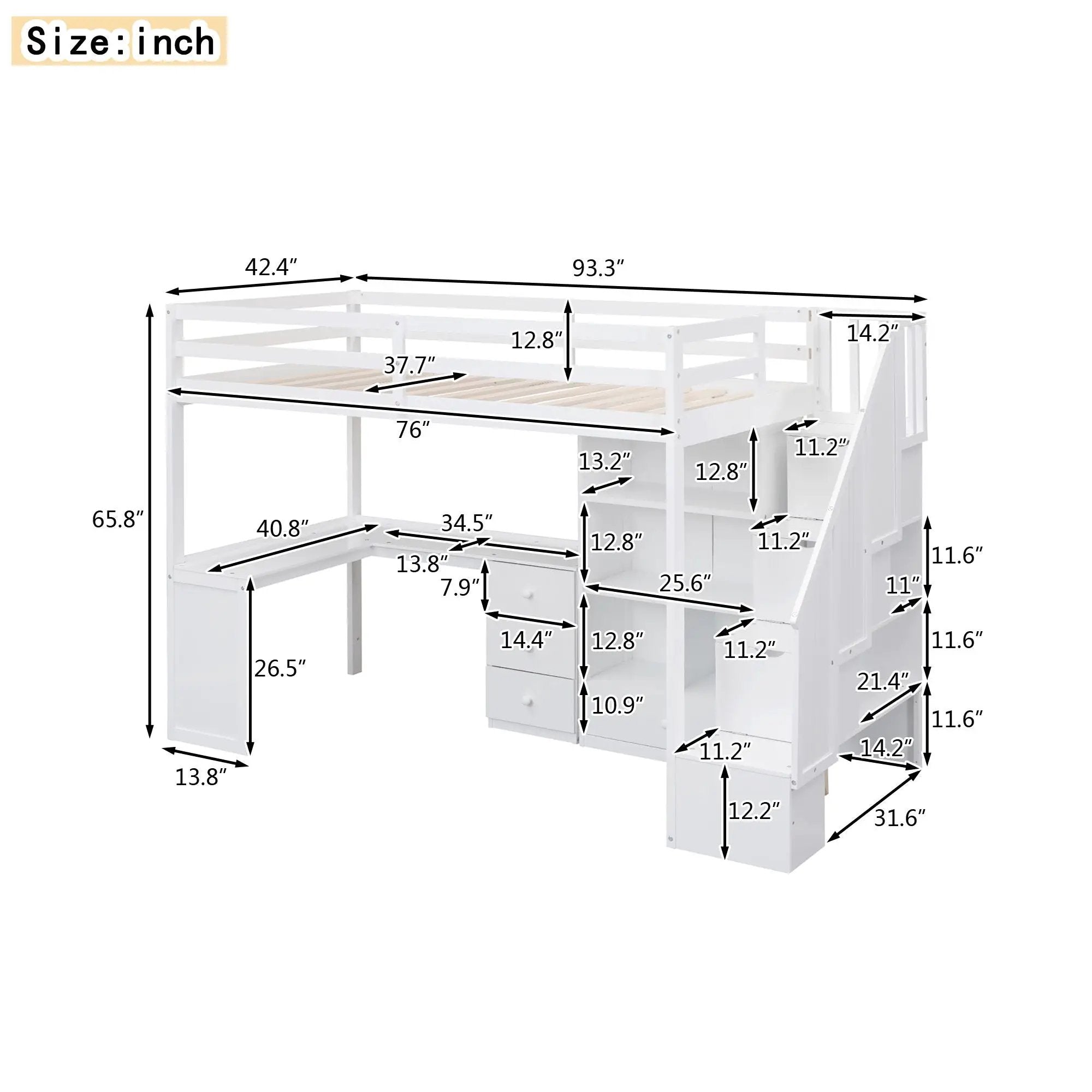 Loft Bed With L Shaped Desk, Drawers, Cabinet, And Storage Staircase by Unique Piece Furniture
