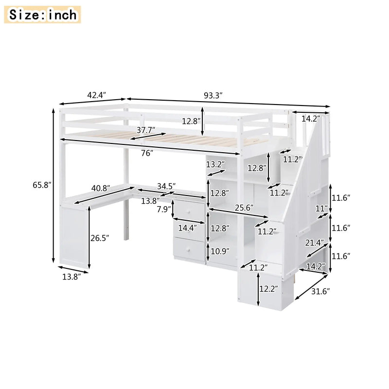 Loft Bed With L Shaped Desk, Drawers, Cabinet, And Storage Staircase by Unique Piece Furniture
