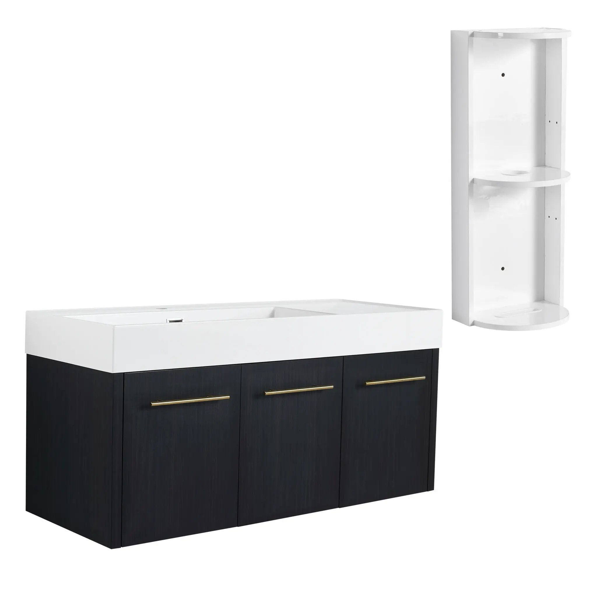 Modern Chestnut Wall Mounted Bathroom Vanity With Left Resin Sink And Storage Rack - Black Chestnut by HouseOfZazla