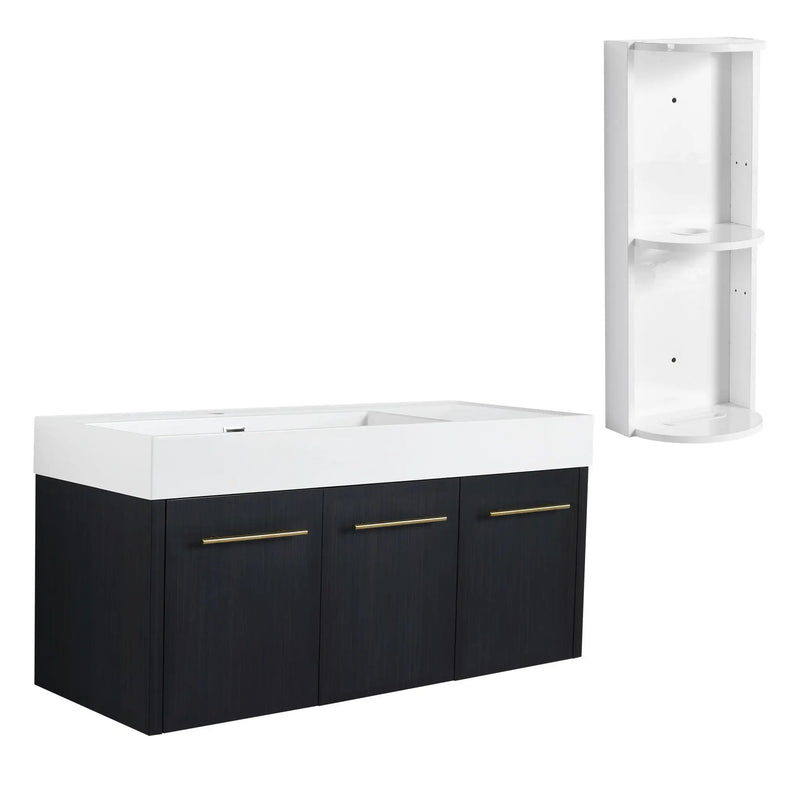 Modern Chestnut Wall Mounted Bathroom Vanity With Left Resin Sink And Storage Rack - Black Chestnut by HouseOfZazla