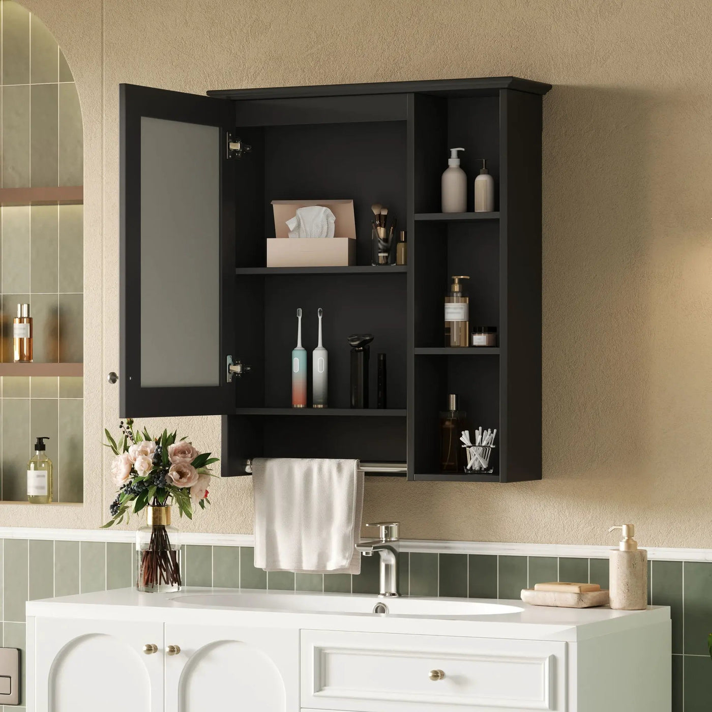 Modern 3 In 1 Bathroom Mirror Cabinet With Adjustable Shelf & Towel Bar by HouseOfZazla