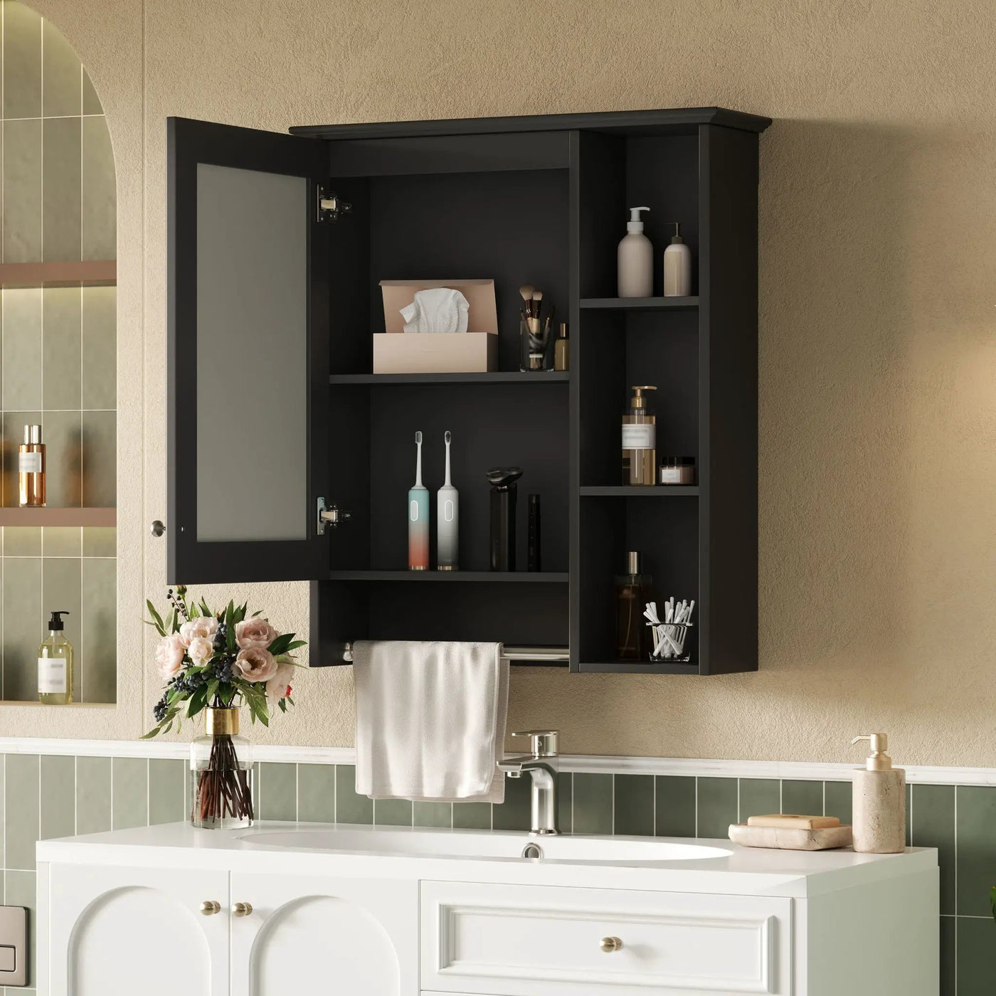 Modern 3 In 1 Bathroom Mirror Cabinet With Adjustable Shelf & Towel Bar by Unique Piece Furniture