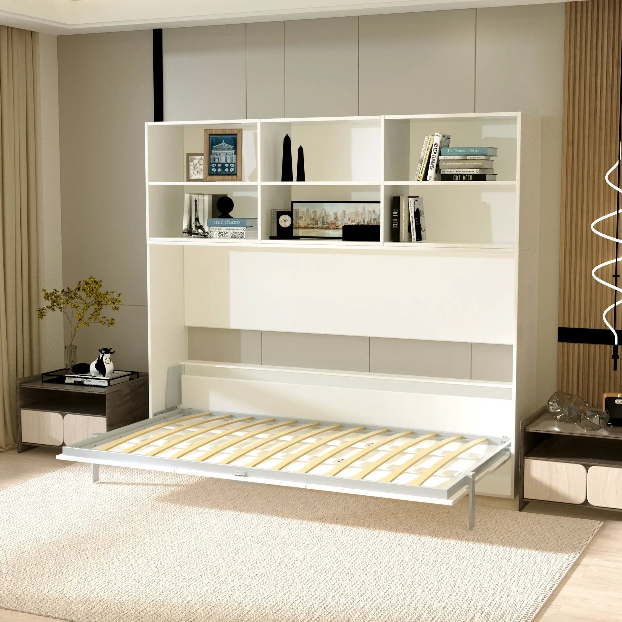 Mordern Design Twin Size Horizontal Murphy Bed With Shelf Storage For Bedroom Or Guestroom Wall Bed Space Saving Hidden Bed With New Style Gas Struts - White by HouseOfZazla