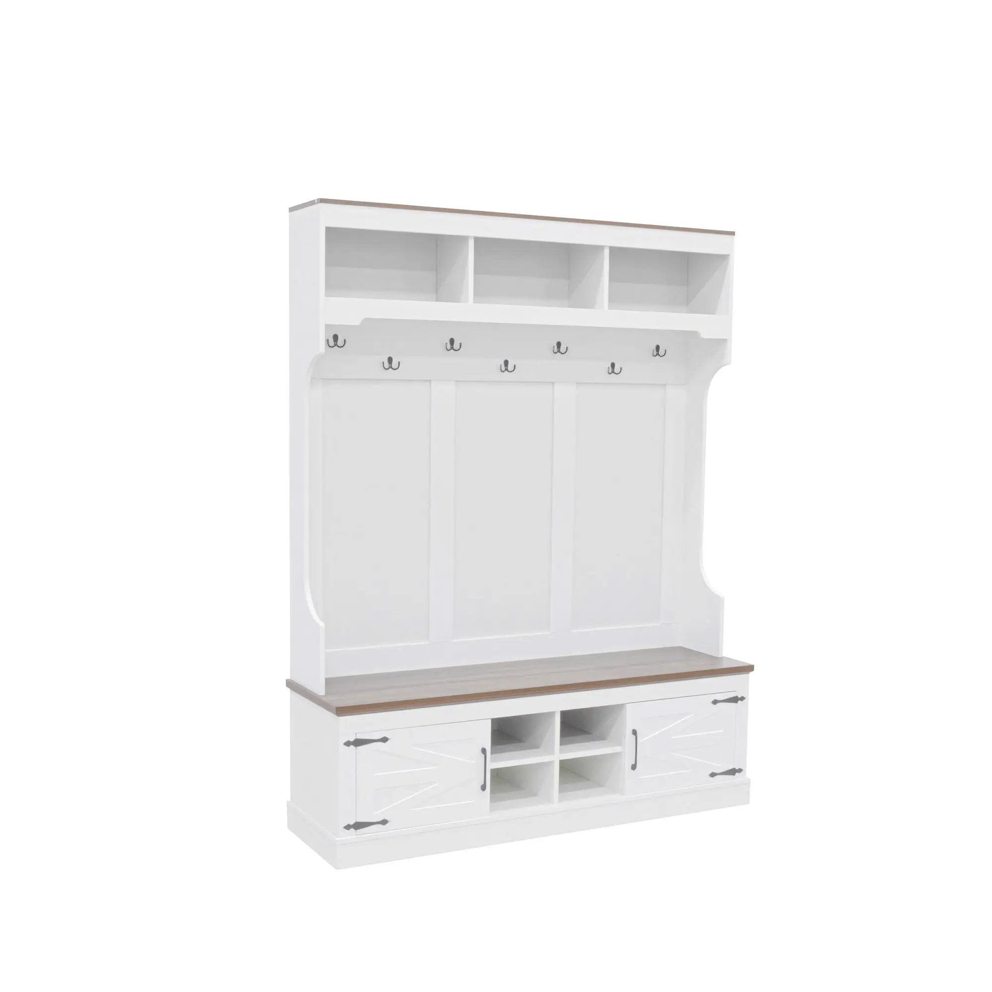 Hall Tree With Bench And Shoe Storage, 5 In 1 Entryway Organizer Cabinet With Coat Rack, 4 Shoe Cubbies & 7 Hooks - White by HouseOfZazla
