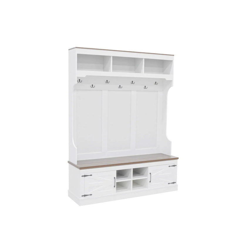 Hall Tree With Bench And Shoe Storage, 5 In 1 Entryway Organizer Cabinet With Coat Rack, 4 Shoe Cubbies & 7 Hooks - White by HouseOfZazla