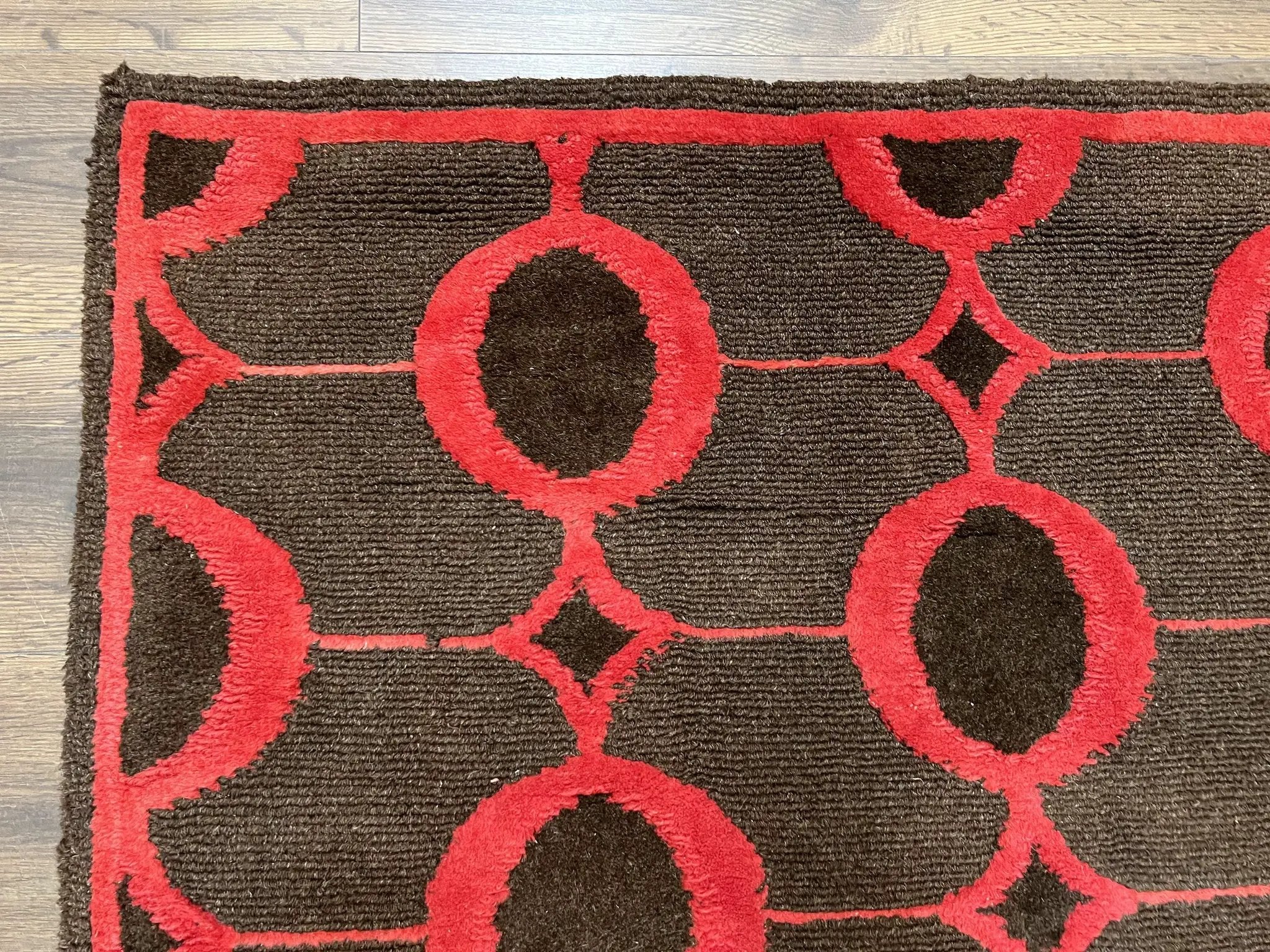 Modern Tibetan Rug 3.8 x 5.7, Raspberry Red and Dark Brown, Abstract Circle Design, Hand Knotted, Soft Wool Handmade Tibet Nepali Carpet 4x6 by Jewel Rugs