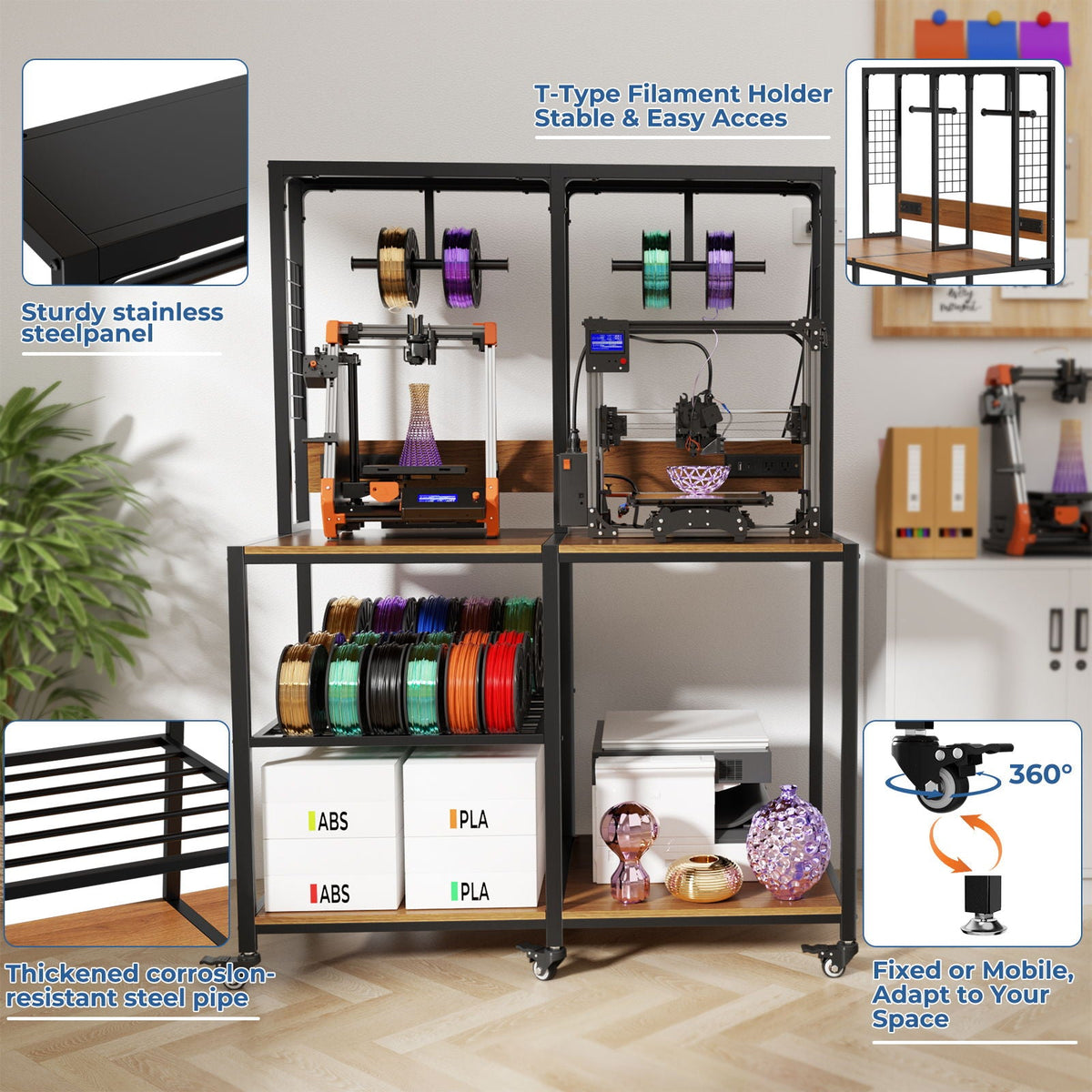 Double 3D Printer Stand with Filament Storage and Lockable Wheels - Black, photo 2 of 10