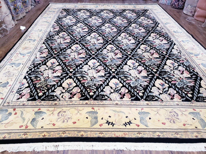Sino-Persian Kirman Rug 9x12 Floral Handmade Wool Carpet Black & Ivory Vintage by Jewel Rugs