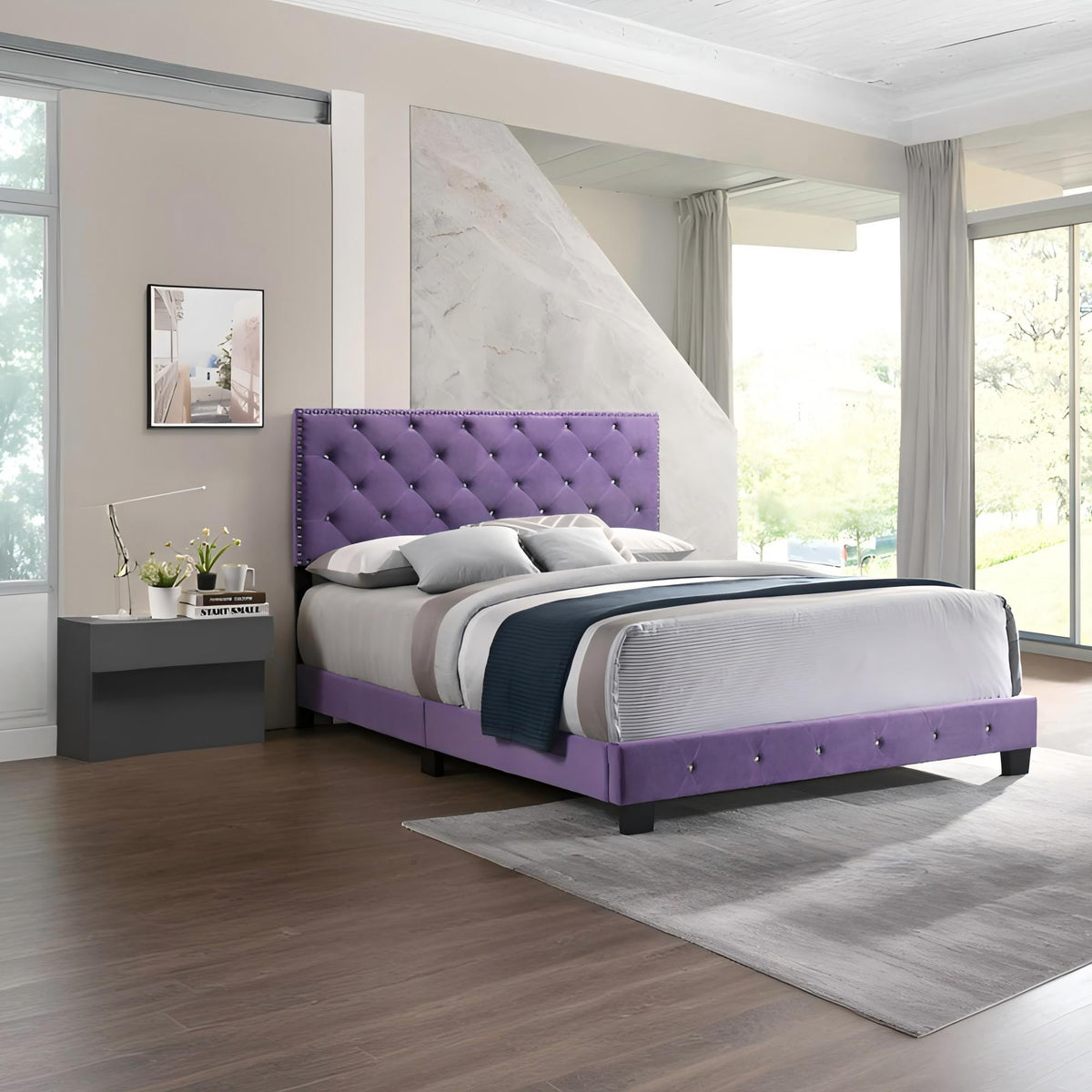 Luxurious Upholstered Bed with Faux Crystal Tufted Headboard - Multiple Colors, photo 27 of 40