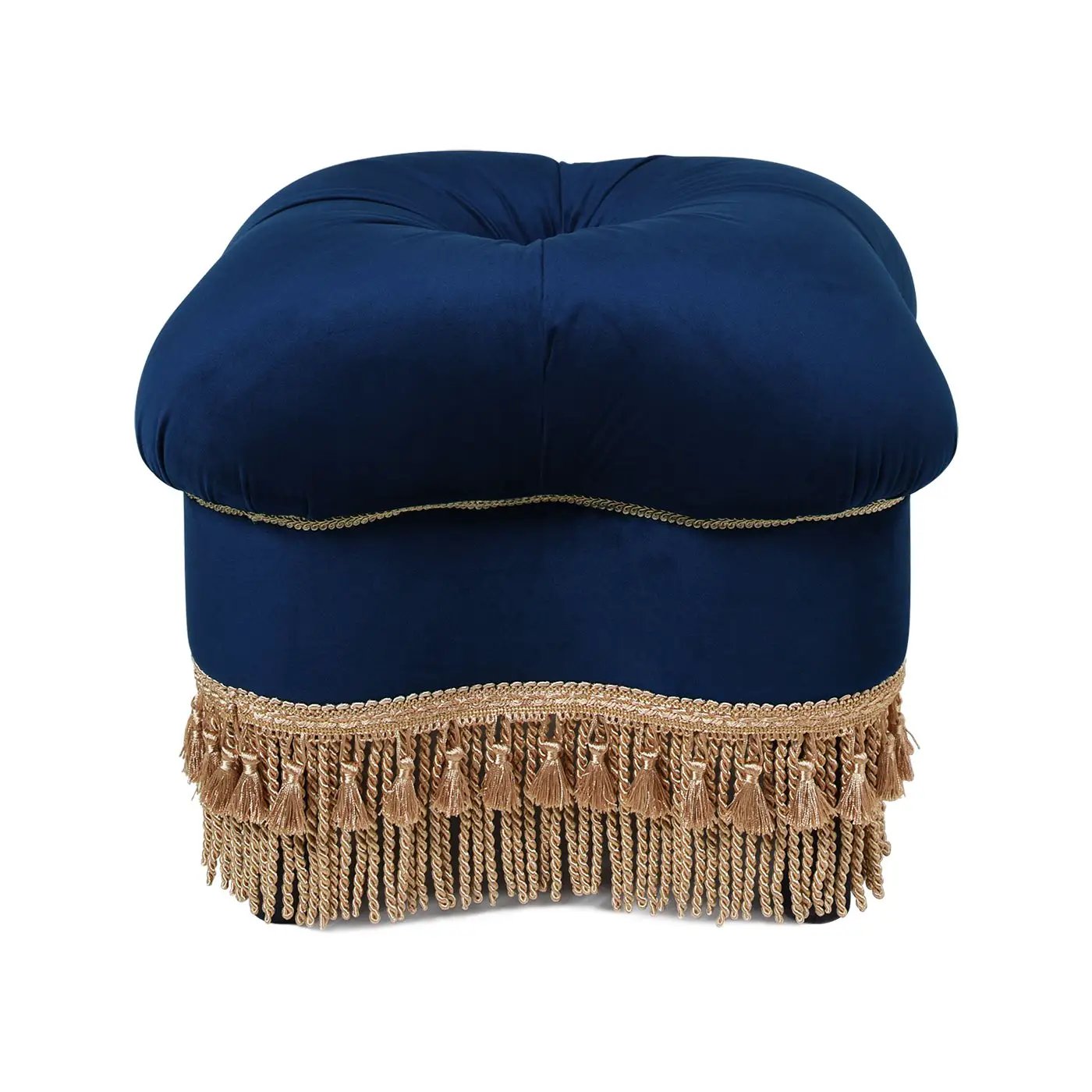Ellen - Upholstered Clover Ottoman With Gold Bullion Fringe - Navy Blue by HouseOfZazla