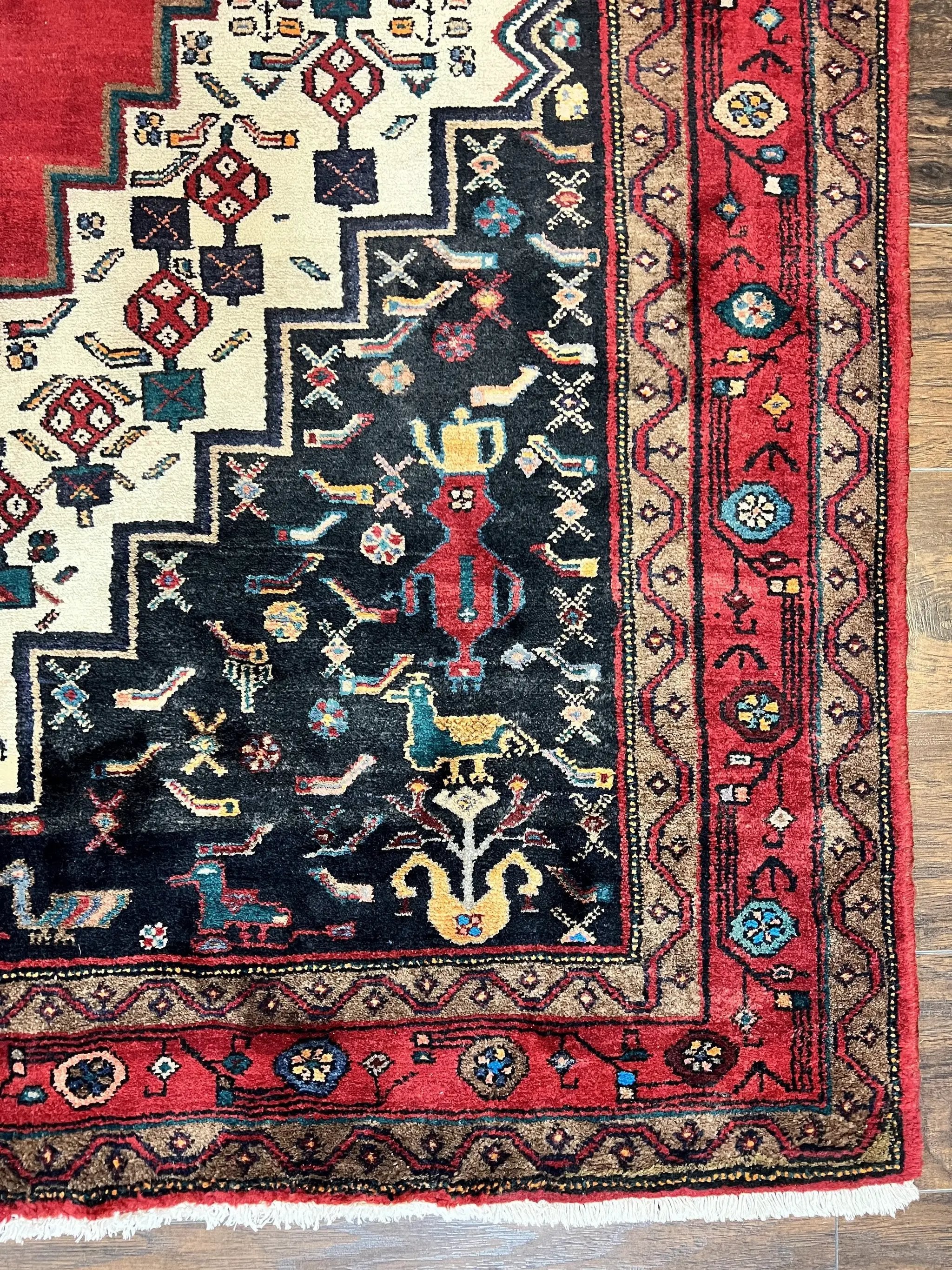 Persian Rug 5x12 ft, Red Cream Navy Blue, Pictorials, Hand Knotted Handmade Wide Runner Tribal Bidjar Semi Antique Wool Geometric Oriental Rug by Jewel Rugs