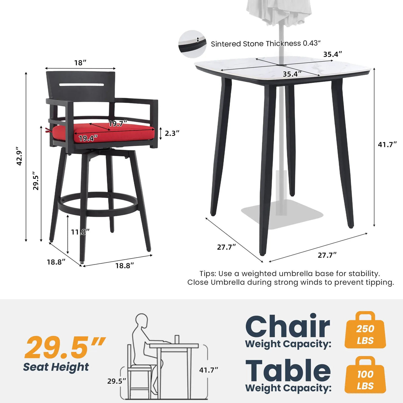 5 Pieces Outdoor Patio Bar Set, Rounded Square Sintered Stone Table & 4 Swivel Bar Chairs by HouseOfZazla