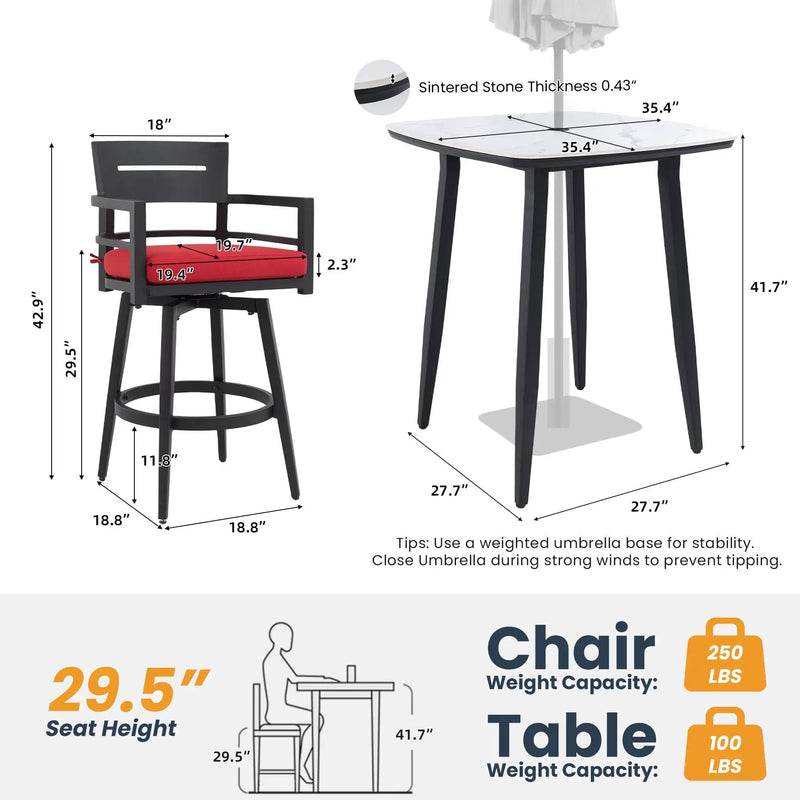 5 Pieces Outdoor Patio Bar Set, Rounded Square Sintered Stone Table & 4 Swivel Bar Chairs by HouseOfZazla