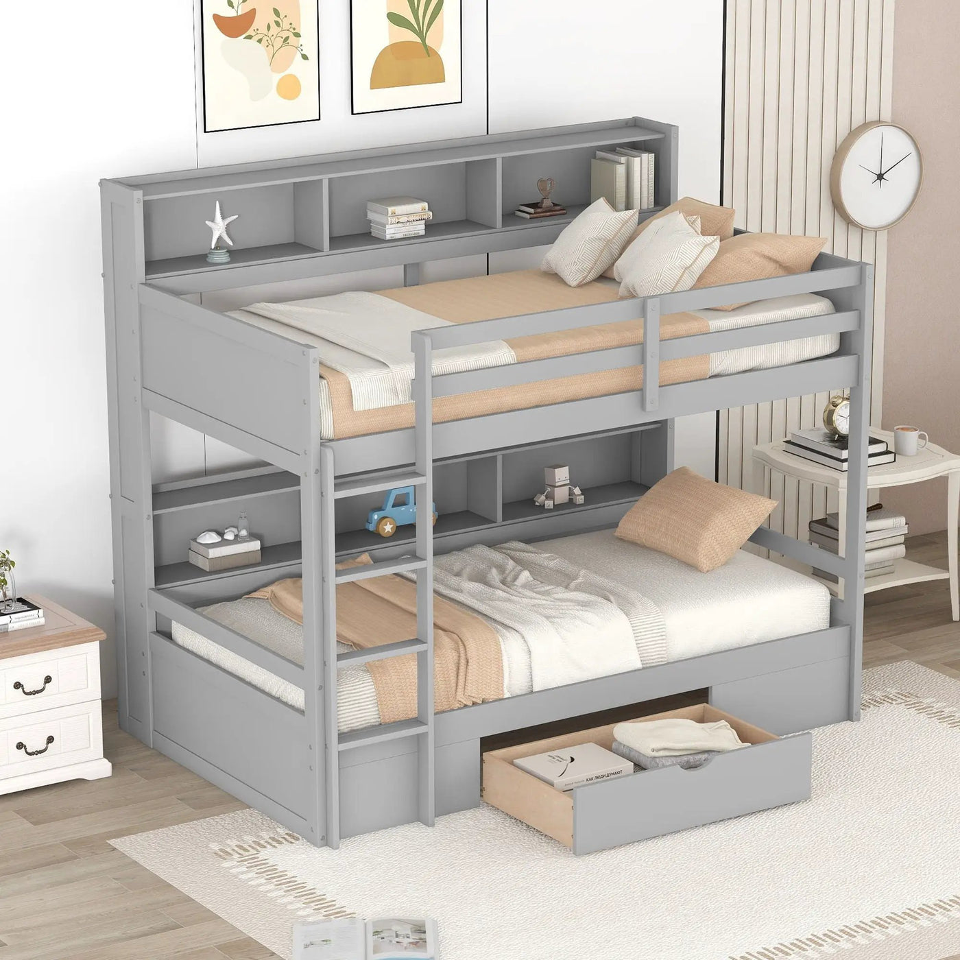 Twin Size Bunk Bed With Built-In Shelves Beside Both Upper And Down Bed And Storage Drawer by HouseOfZazla