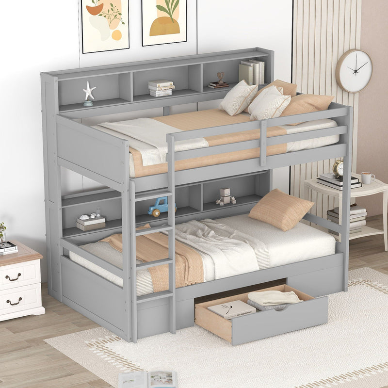 Twin Size Bunk Bed With Built-In Shelves Beside Both Upper And Down Bed And Storage Drawer by HouseOfZazla