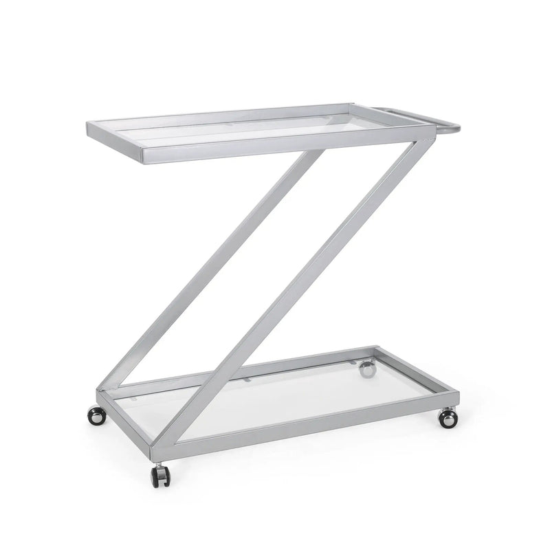 Modern Z Shaped Bar Cart With Tempered Glass Shelves - Silver by HouseOfZazla
