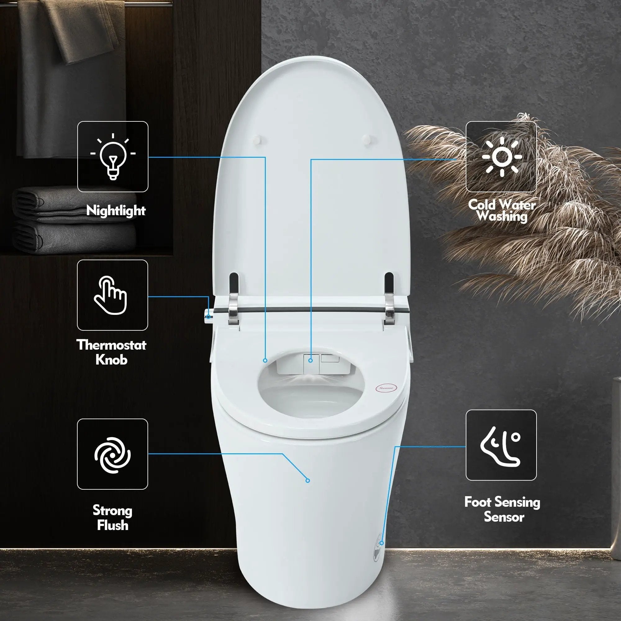 Smart Toilet Bidet Combo With Self-Cleaning Nozzle, Upmarket Compact Dual Flush Toilet 1 / 1.28 Gpf, Tank Less Toilet With Foot Sensor Flush - White Night Light by HouseOfZazla