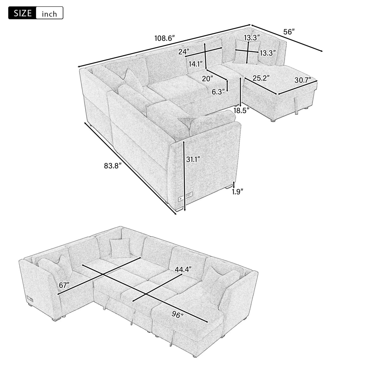 U-Shaped Sectional Sofa Pull Out Sofa Bed With Two USB Ports, Two Power Sockets, Three Back Pillows And A Storage Chaise For Living Room by HouseOfZazla