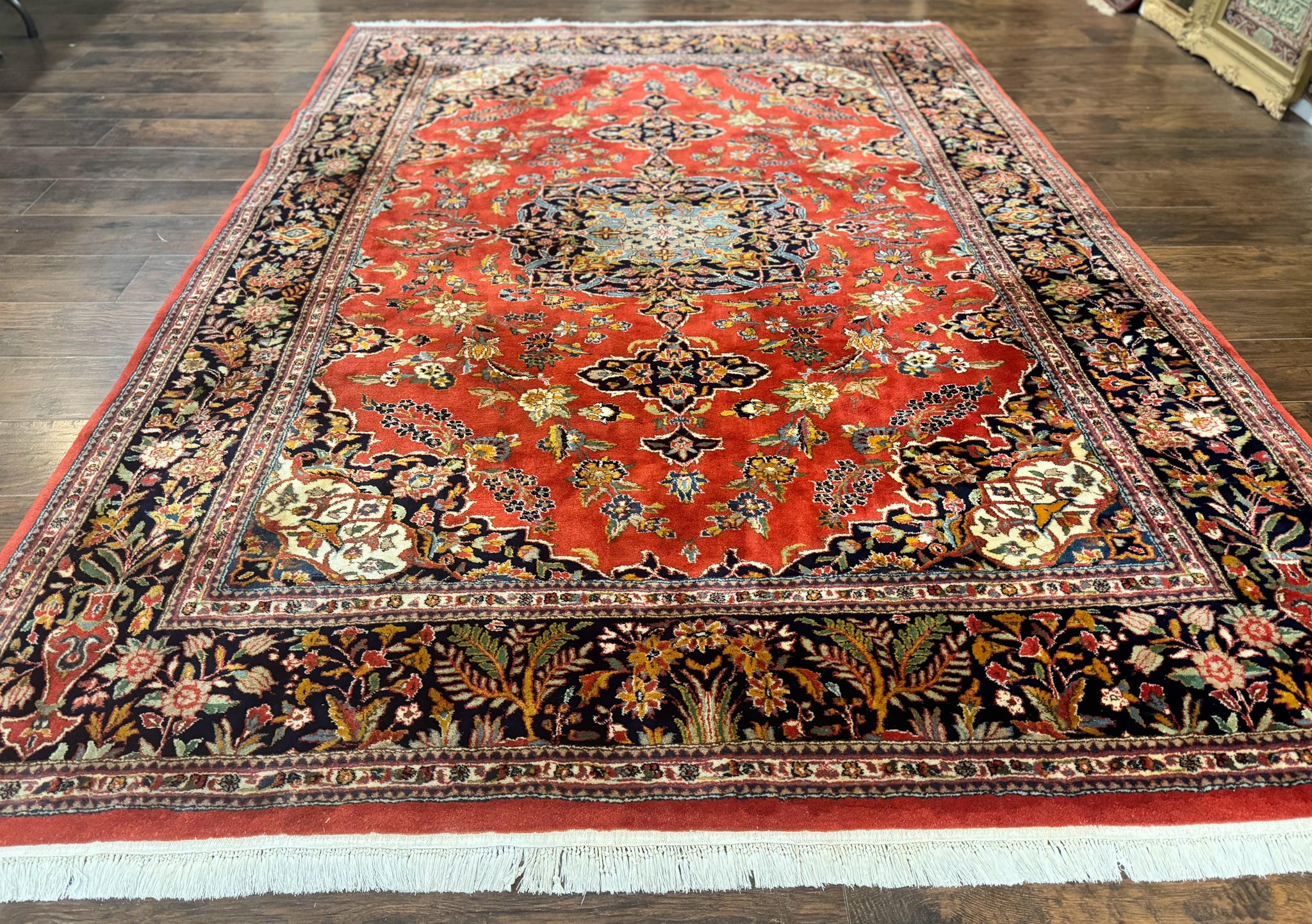 Indo Persian Rug 7x10, Vintage Handmade Wool Carpet, Floral Medallion Traditional Rug, Red and Midnight Blue by Jewel Rugs