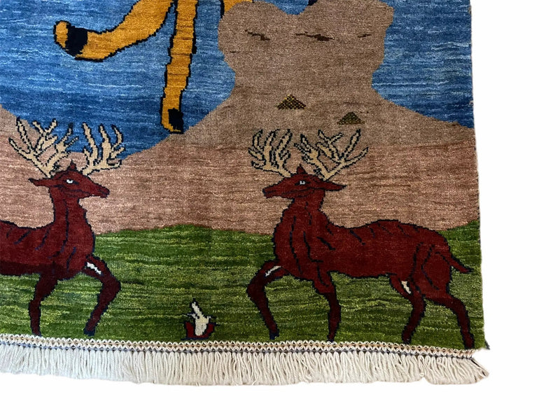 3 x 5 Handmade New Vintage Wool Blue Rug Leopard Lion Jaguar Deer Organic Dyes by Jewel Rugs