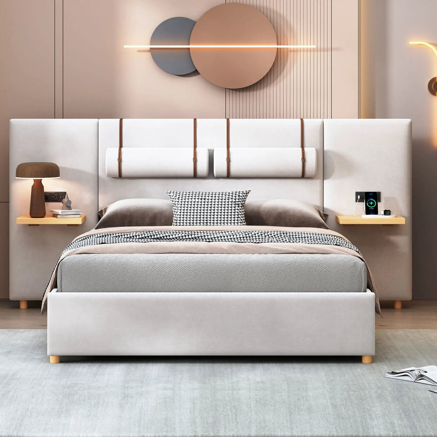 Upholstered Platform Bed, 2 Outlets And USB Charging Ports On Both Sides, 2 Bedside Pillows, Storage Shelves by Unique Piece Furniture