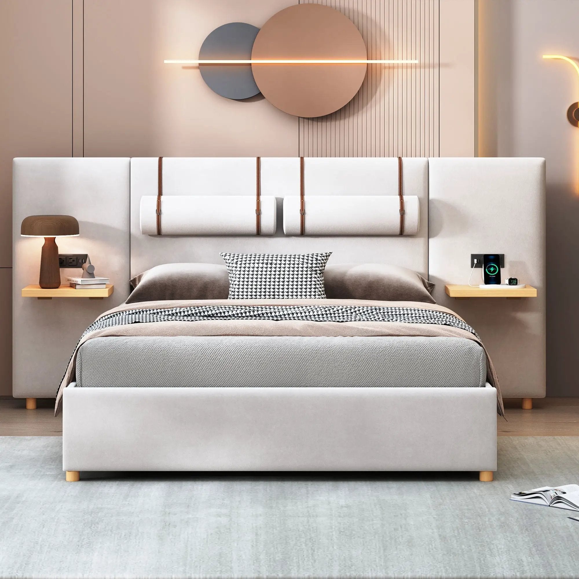 Upholstered Platform Bed, 2 Outlets And USB Charging Ports On Both Sides, 2 Bedside Pillows, Storage Shelves by HouseOfZazla