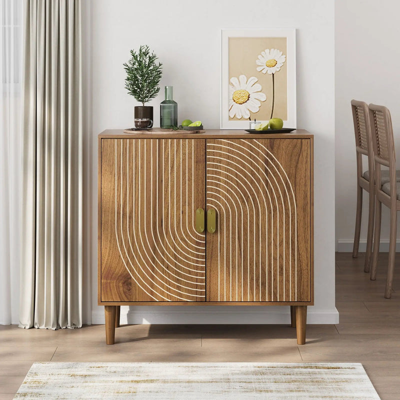 Buffet Cabinet With Line Groove Design, Sideboard Buffet Cabinet With Storage, Multifunctional Accent Cabinet For Living Room, Entryway, Hallway, Office, Kitchen - Brown by Unique Piece Furniture