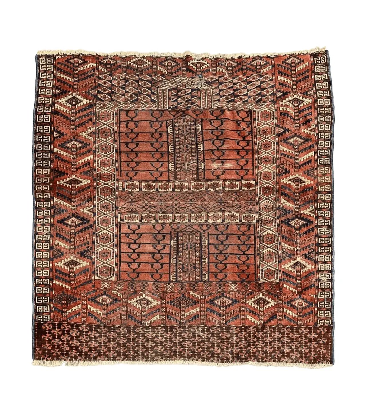 Antique Turkoman Rug 4x4, Hatchli Square Carpet, Wool Handmade Four Season Yamud Design Rug, Red Bohemian Tribal Rug, Engsi Tekkeh Rug by Jewel Rugs