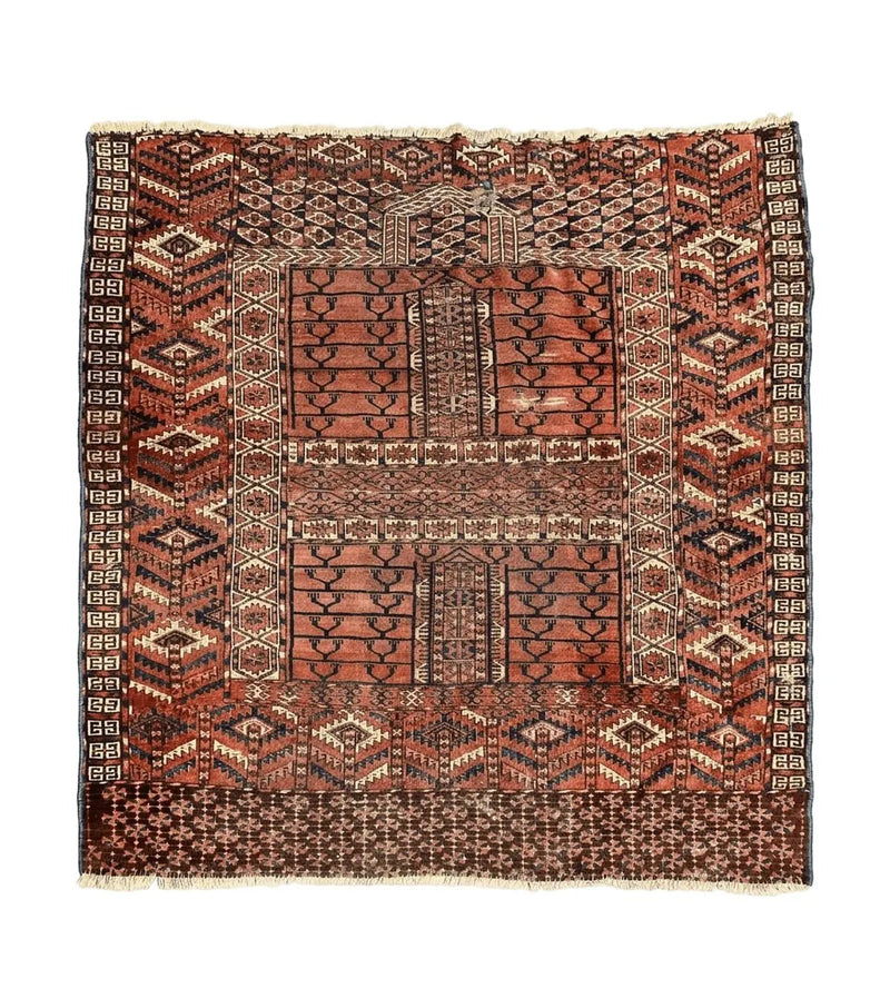 Antique Turkoman Rug 4x4, Hatchli Square Carpet, Wool Handmade Four Season Yamud Design Rug, Red Bohemian Tribal Rug, Engsi Tekkeh Rug by Jewel Rugs