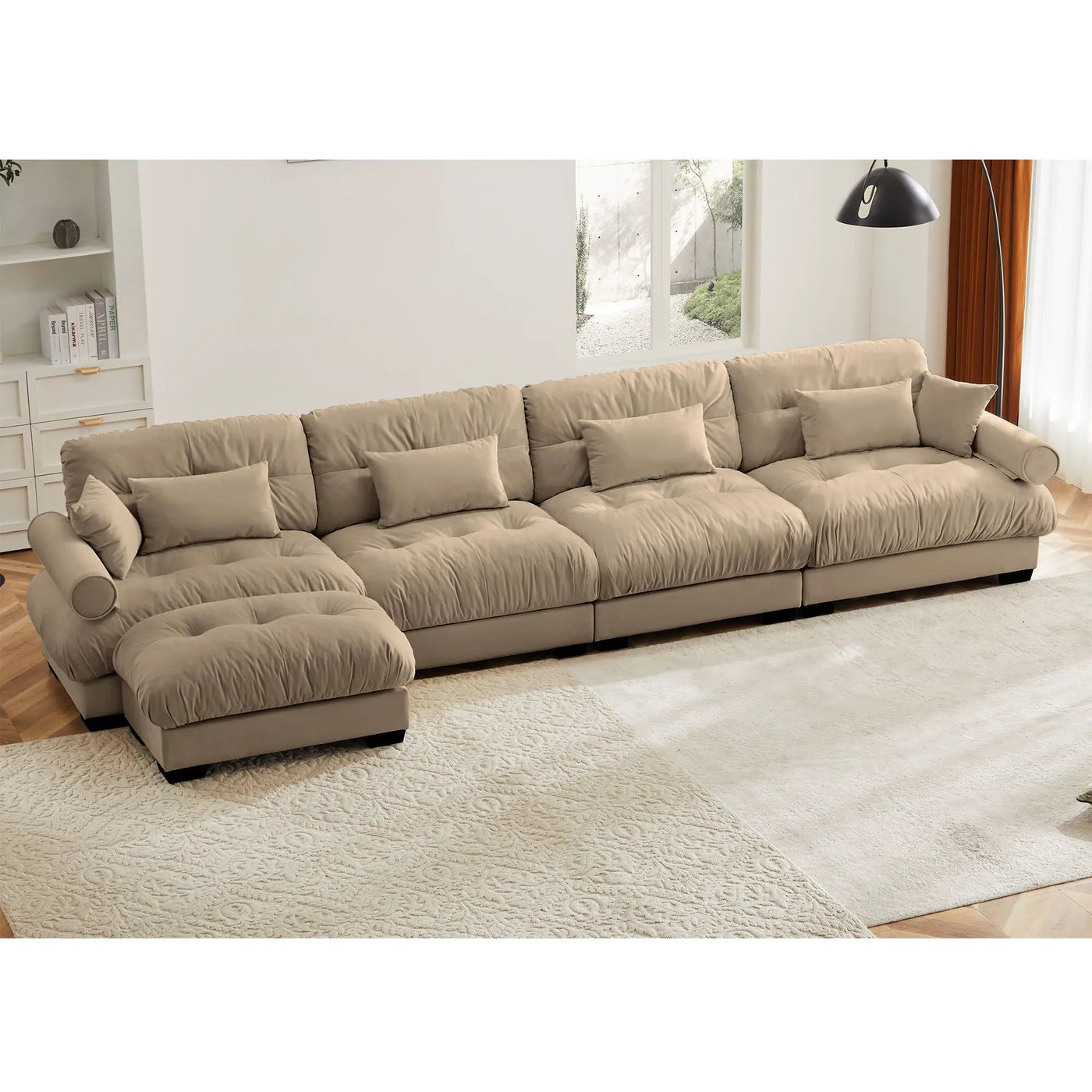 Modern Sectional Sofa With Ottoman, Round Bolster Armrests, Waist And Throw Pillows by HouseOfZazla