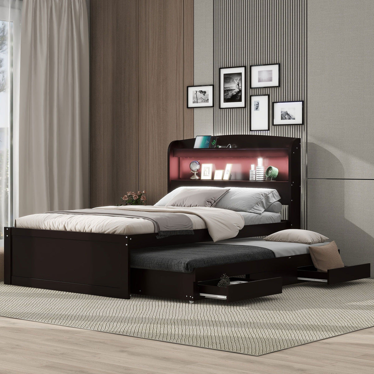 Platform Bed With LED Headboard, Charging Station, Trundle And 2 Drawers, photo 3 of 14