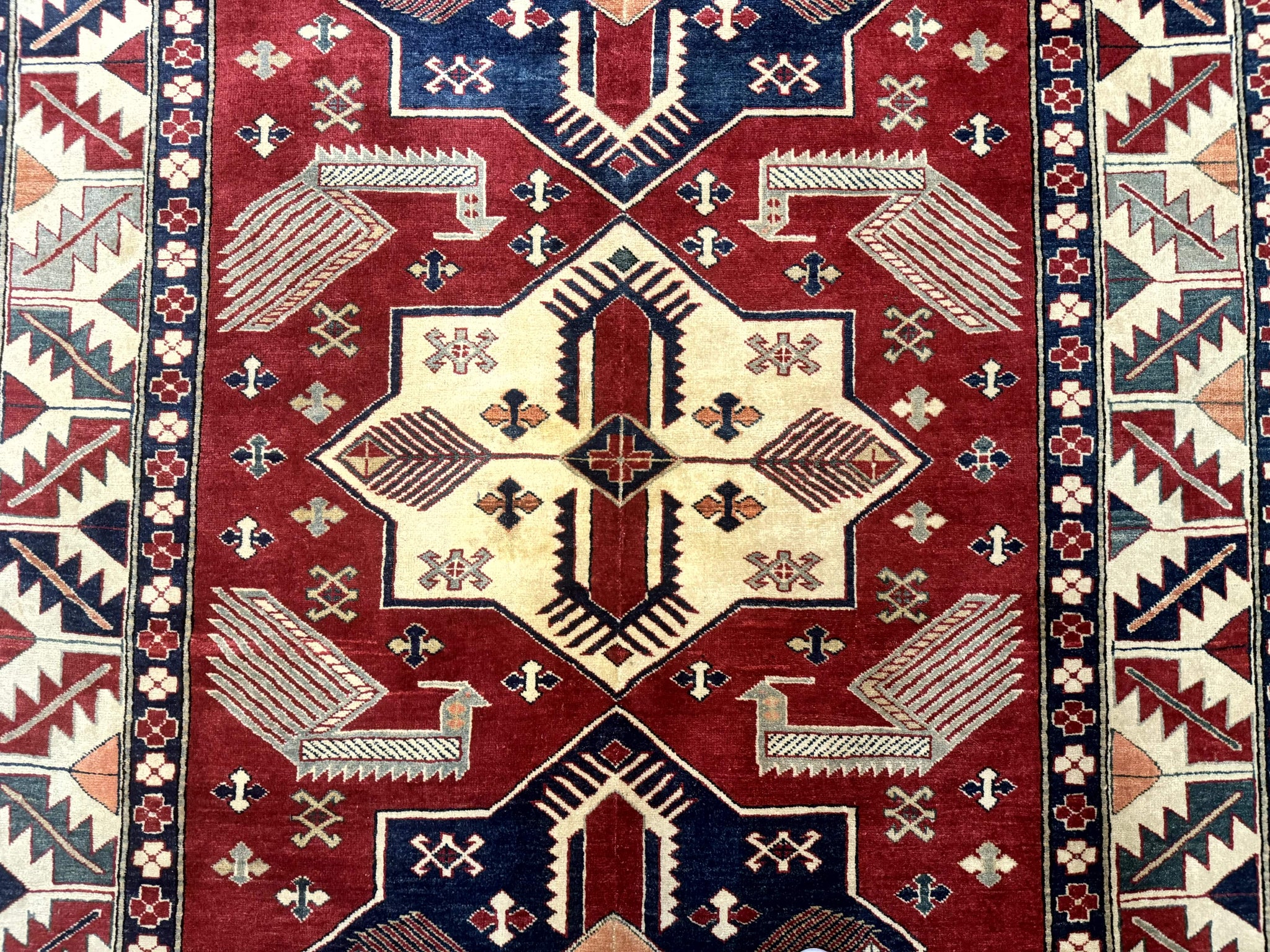 Turkish Kazak Rug 6x8, Caucasian Design, Geometric Medallions, Red Blue Beige by Jewel Rugs