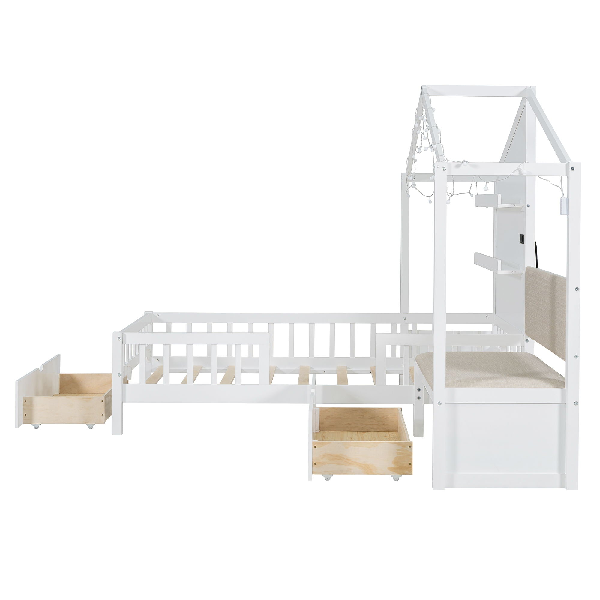 House Bed With Upholstered Sofa, Wireless Charging Station, Shelves And 2 Drawers by HouseOfZazla