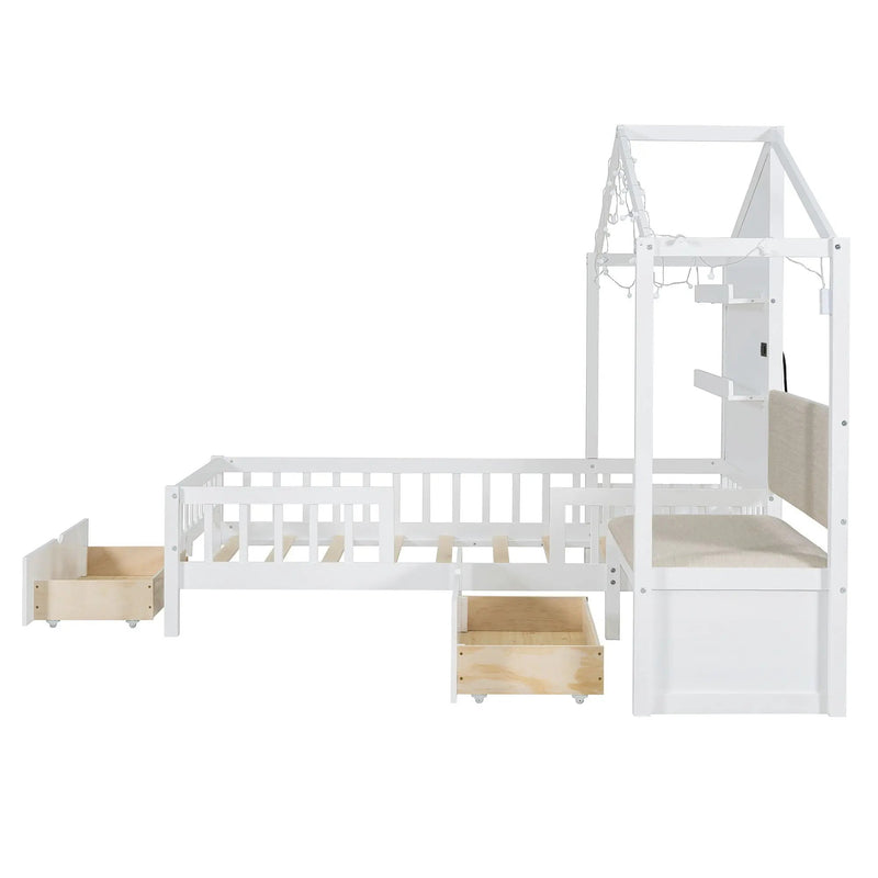 House Bed With Upholstered Sofa, Wireless Charging Station, Shelves And 2 Drawers by HouseOfZazla