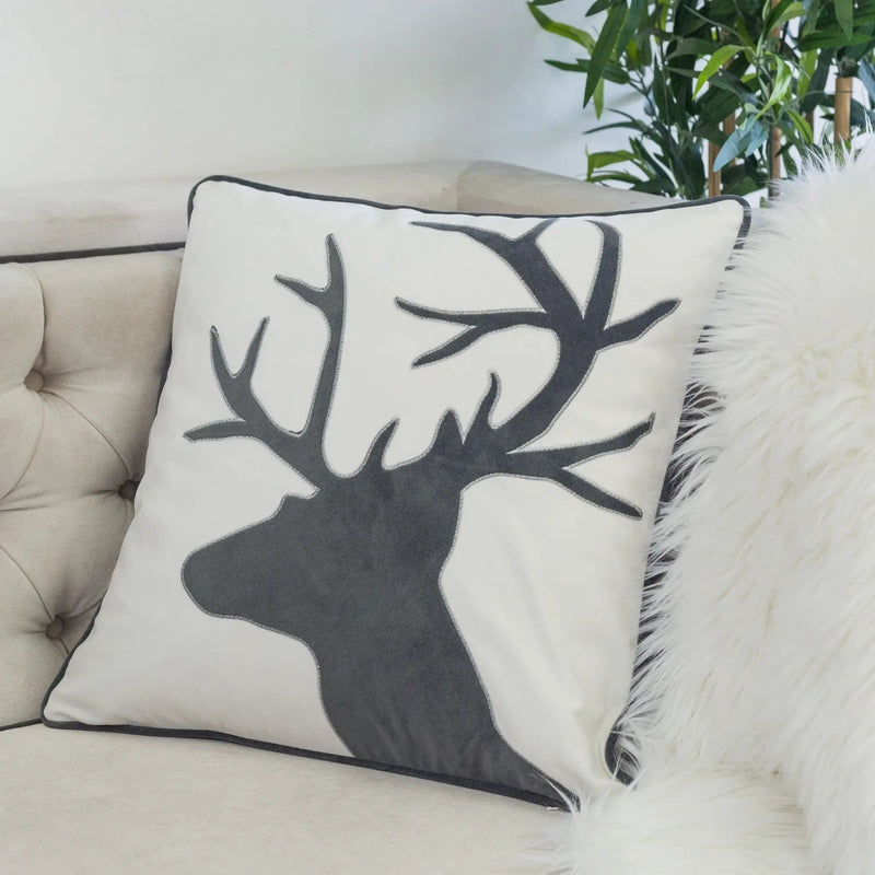 Holiday Reindeer Velvet Accent Pillow 20x20 – White and Gray with Insert by HouseOfZazla