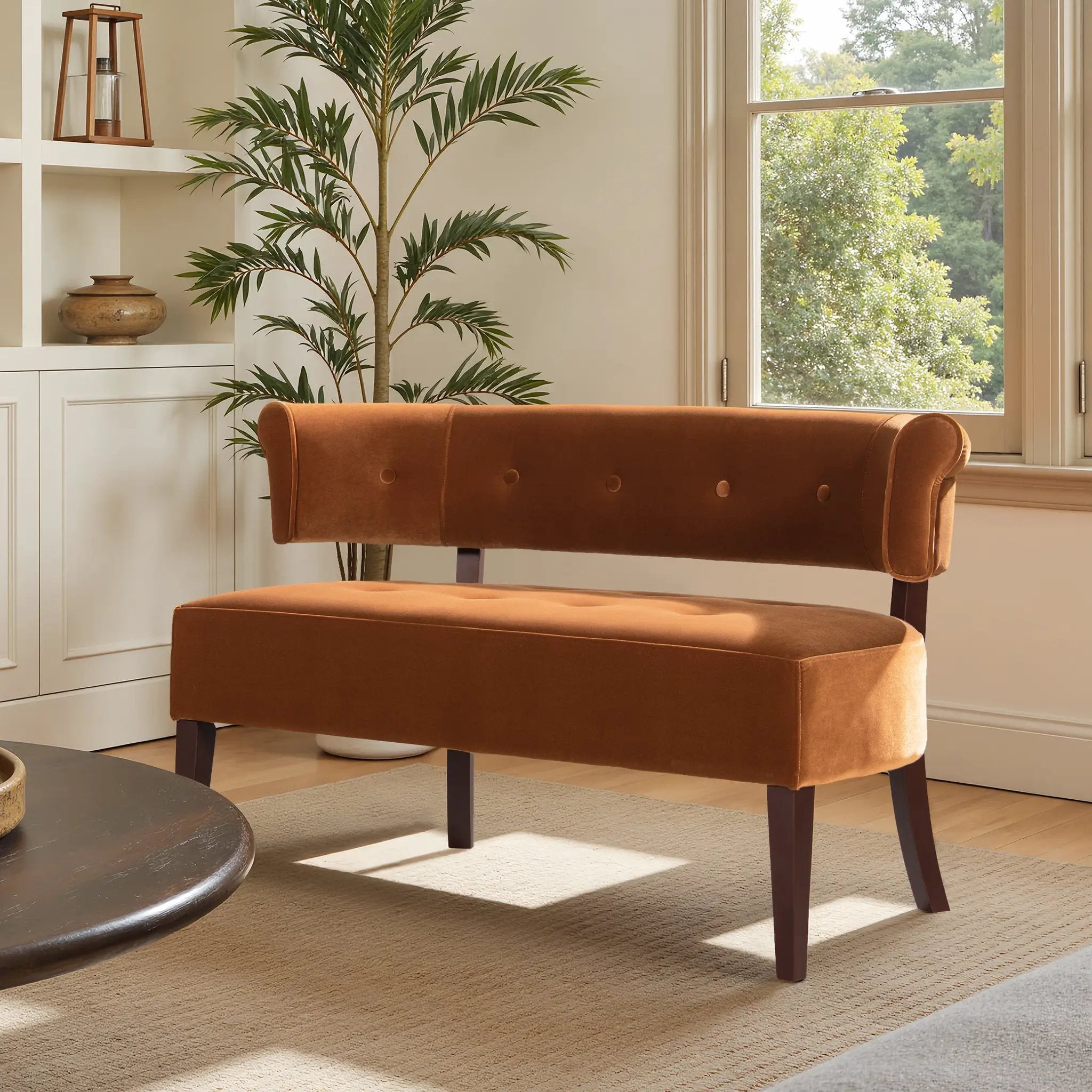 Jared Roll Arm Tufted Bench Settee, Burnt by HouseOfZazla
