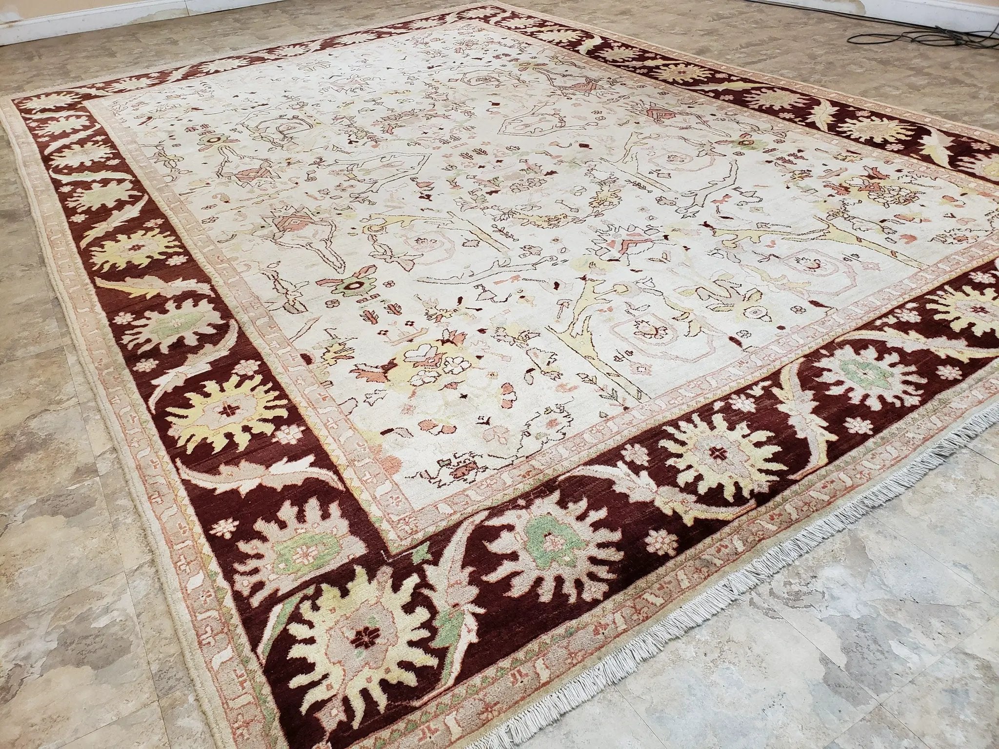 Beige and Maroon Peshawar Rug 10x15, Large Oushak Carpet, Pakistani Rug, Handmade Area Rug, Hand Knotted Rug, Living Room Rug, Nice Wool Rug by Jewel Rugs