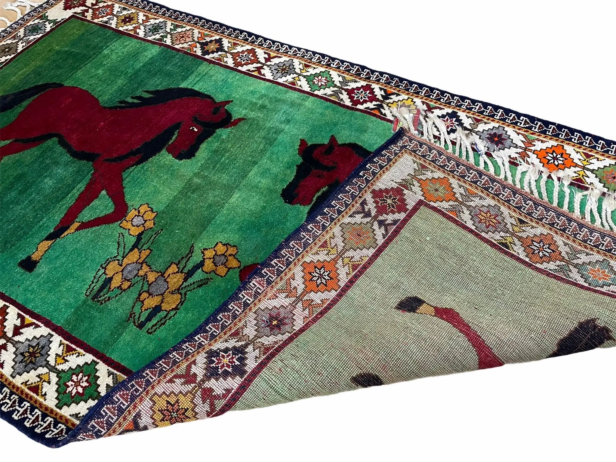 4 X 7 Handmade Rug Zagros Quality Wool Pictorial Horses Green Butterfly Colorful by Jewel Rugs