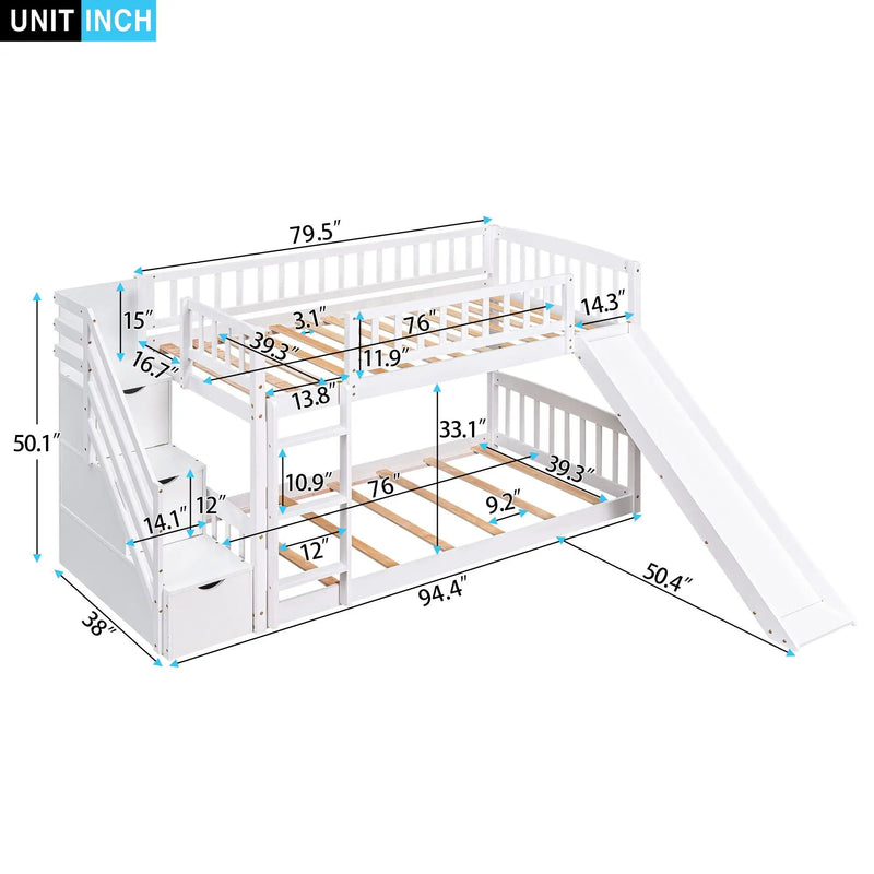 Twin Over Twin Stairway Bunk Bed With Two Drawers And Slide by HouseOfZazla