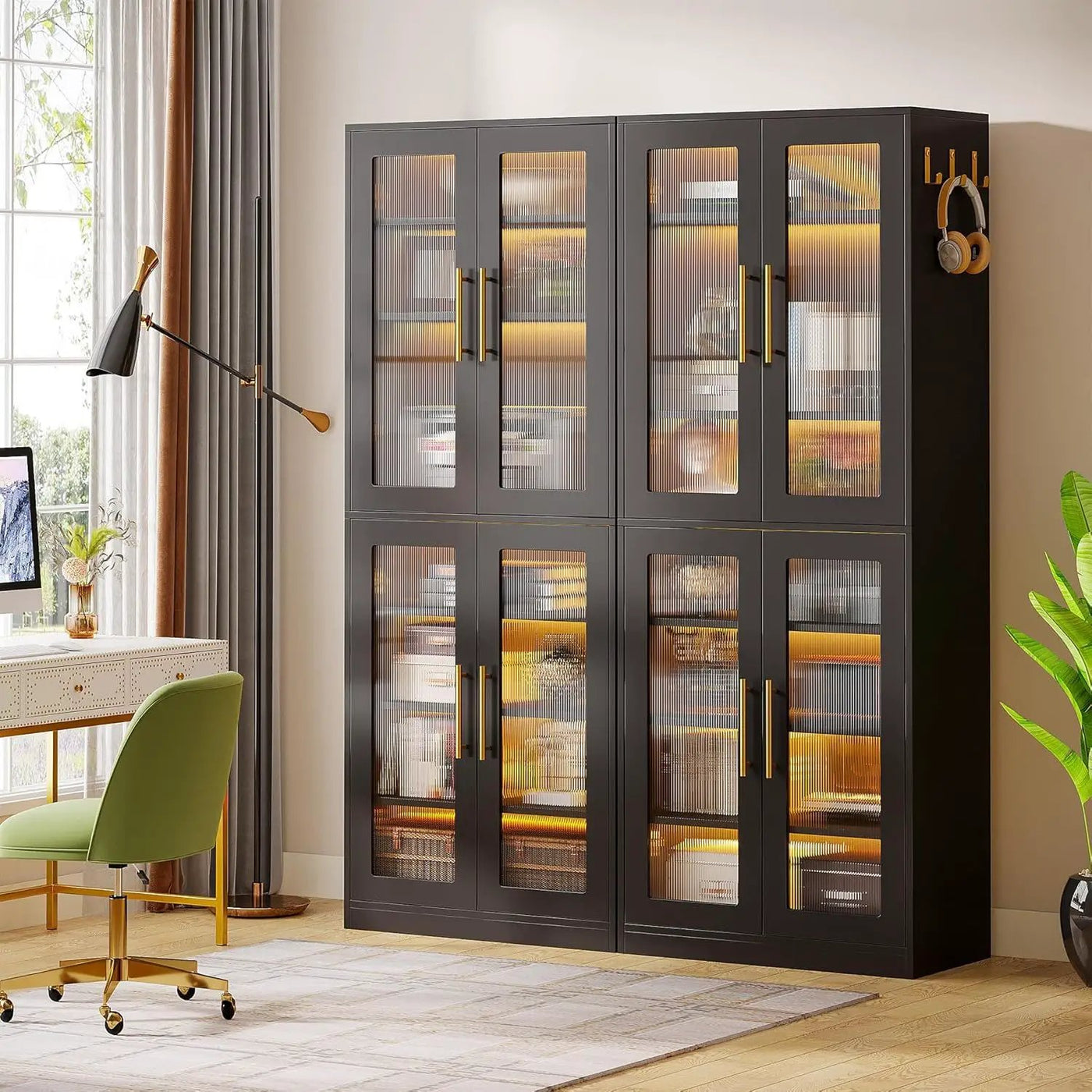 Bookcase With Doors And LED Lighting, 8 Adjustable Shelves Storage Cabinet by HouseOfZazla