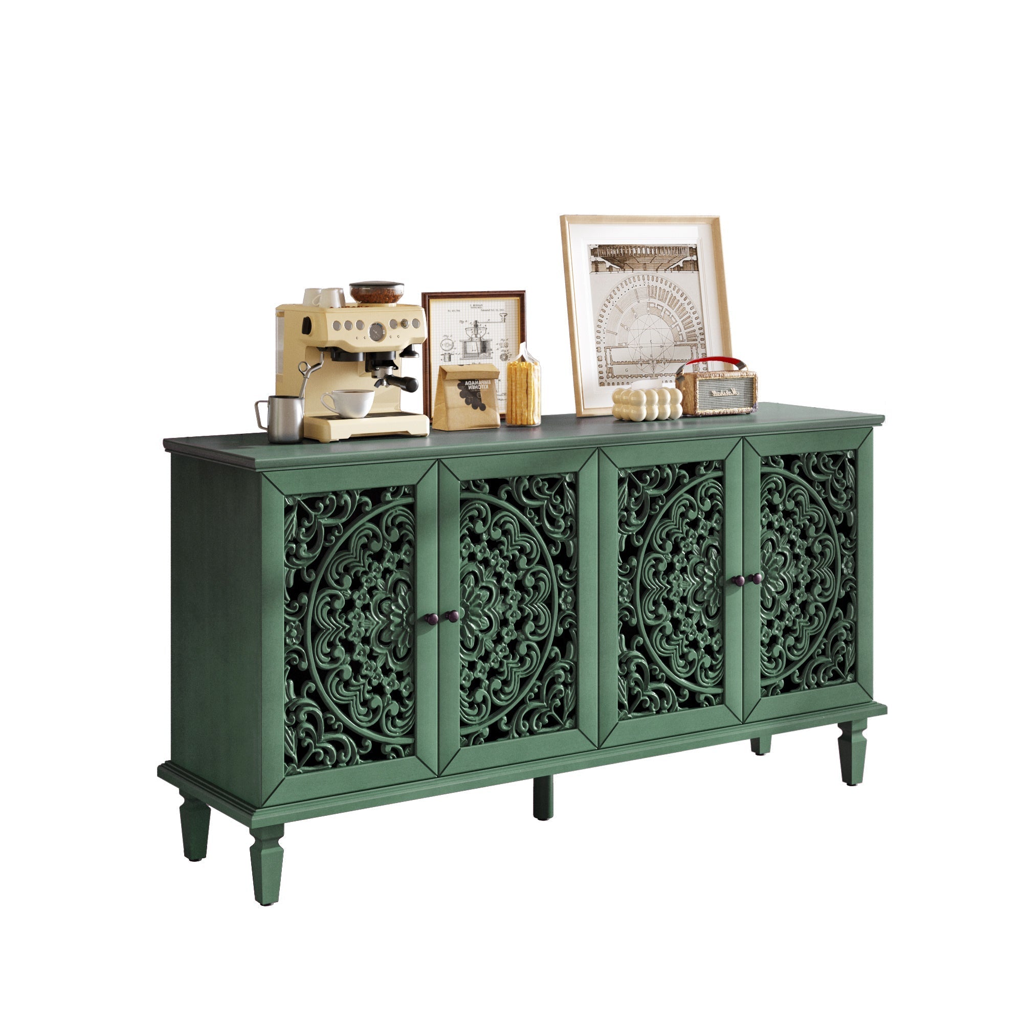 60' Antique Buffet Cabinet with Floral Carvings by HouseOfZazla