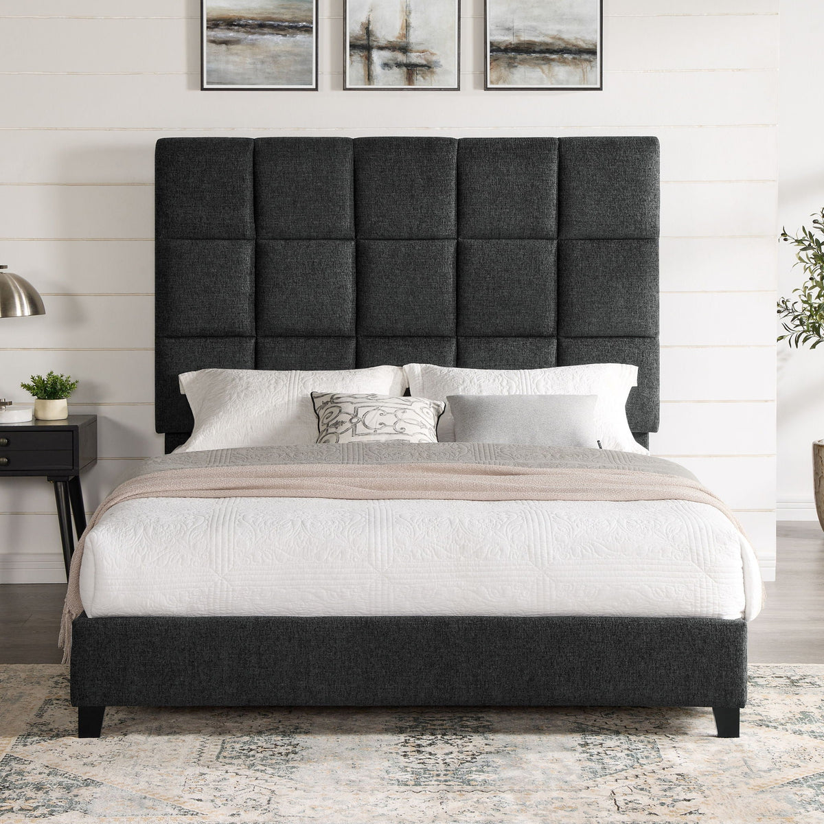 Squares Upholstered Headboard Platform Bed with Support Slats - Dark Gray, photo 2 of 4