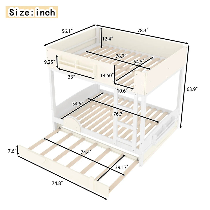 Full Bunk Bed with Trundle, Wood Bunk Bed Frame with Bookshelf by HouseOfZazla