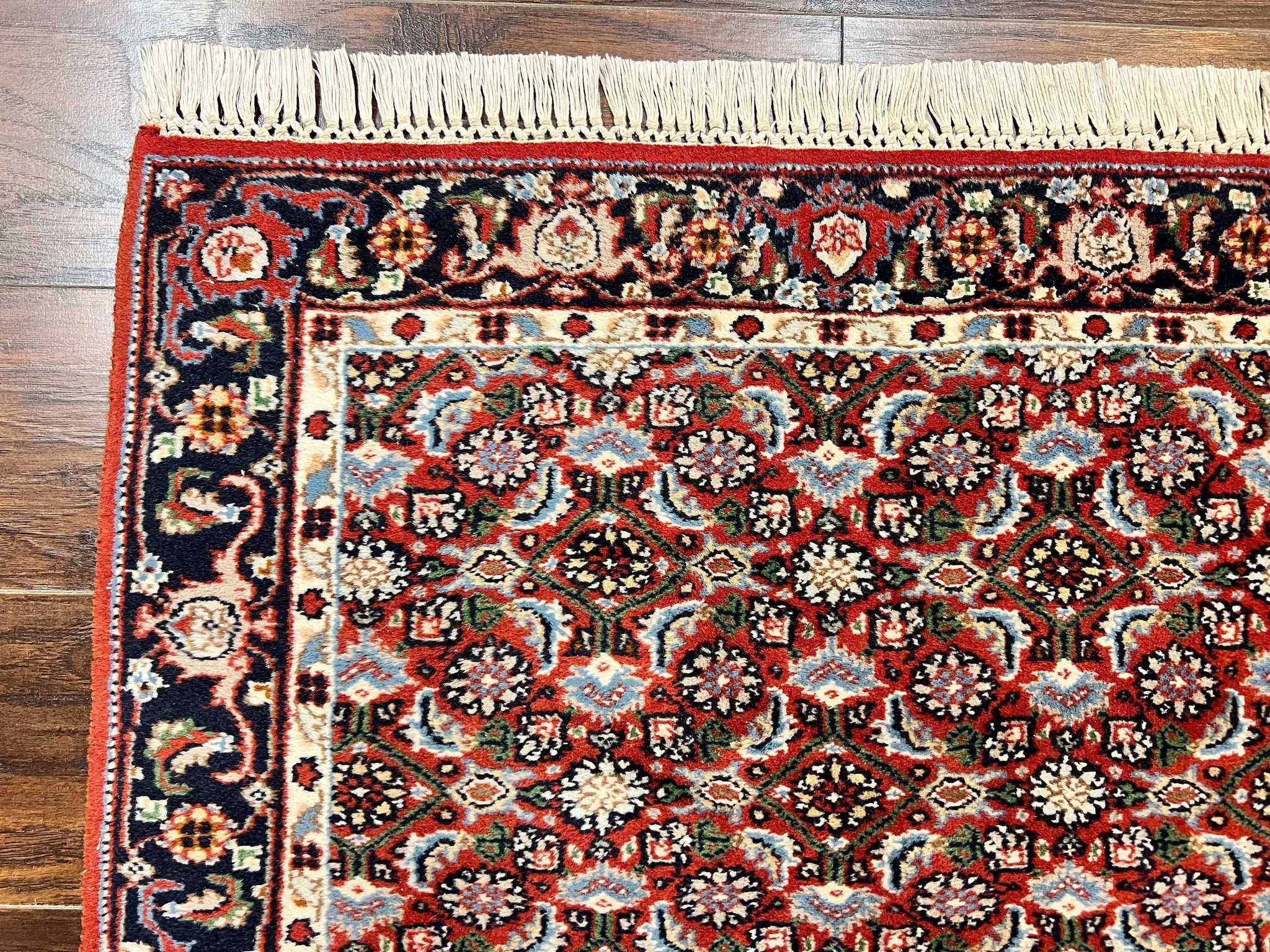 Indo Persian Rug 3x5, Red and Navy Blue, Wool Vintage Handmade Small Carpet 3 x 5 ft, Herati Pattern, Bidjar Rug by Jewel Rugs
