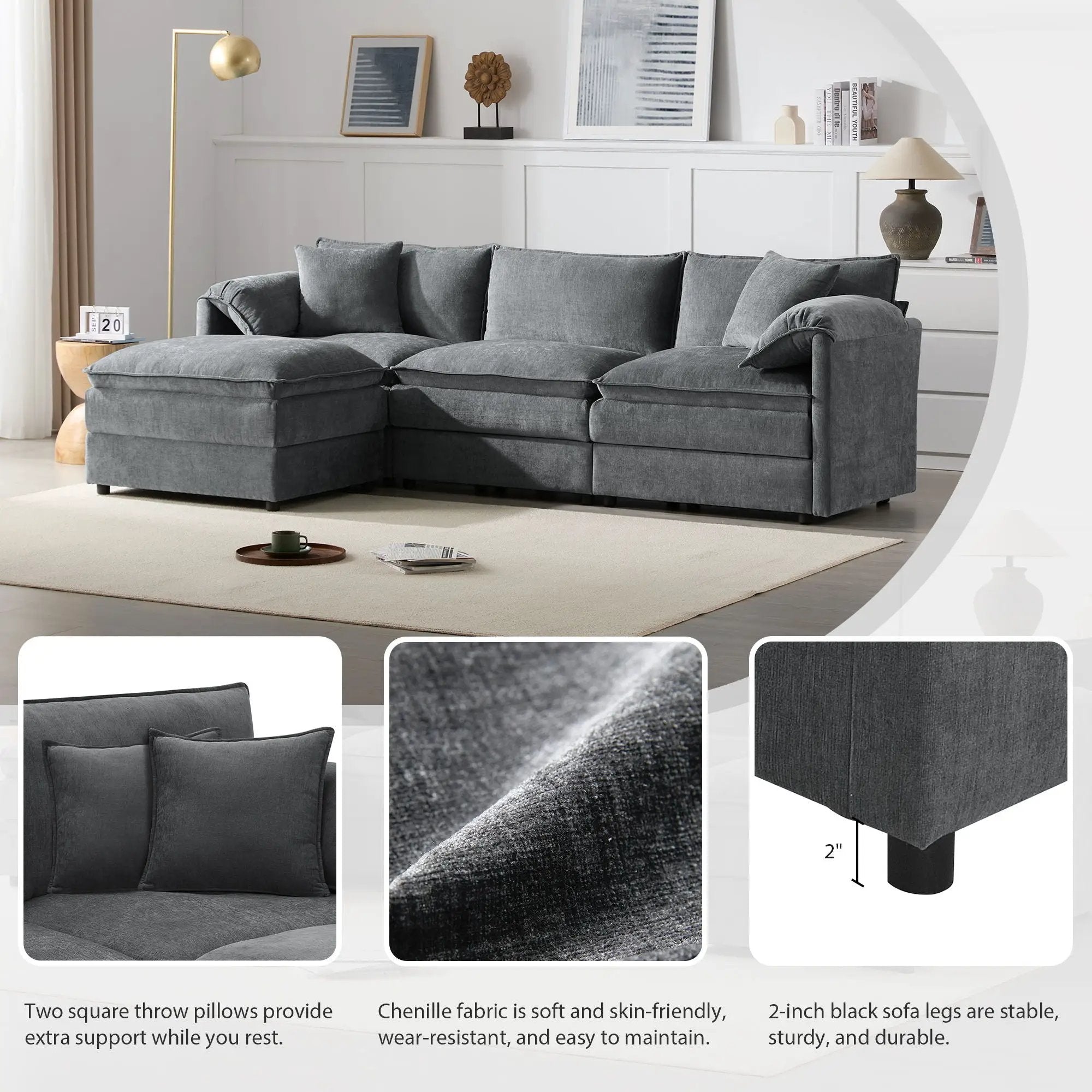 Modular Sectional With Deep And Wide Seat, Cloud Couch Set With Double Cushions Sofa With Movable Ottoman by HouseOfZazla