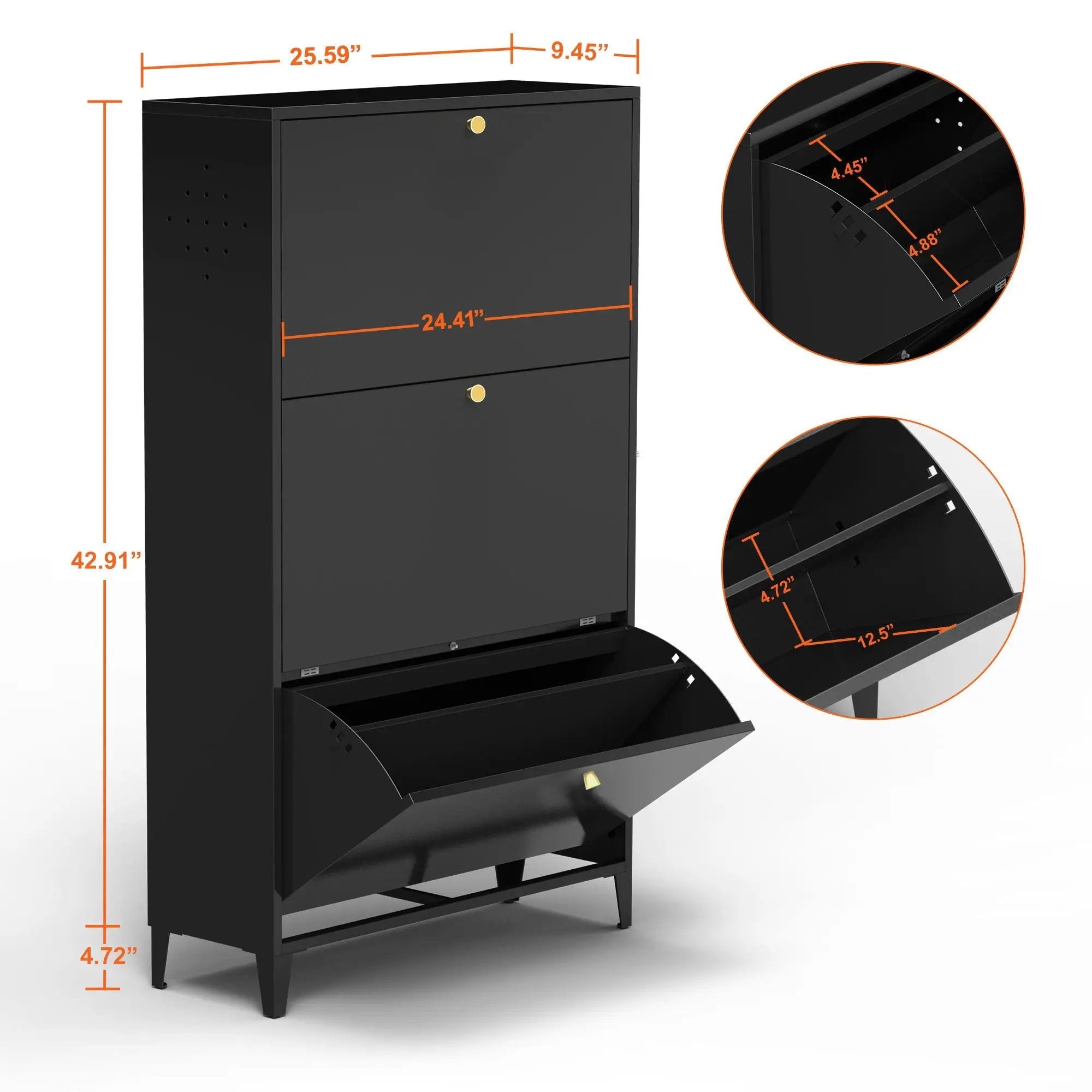 3 Drawer All Steel Shoe Cabinet, Freestanding Storage Organizer With Flip Door by Unique Piece Furniture